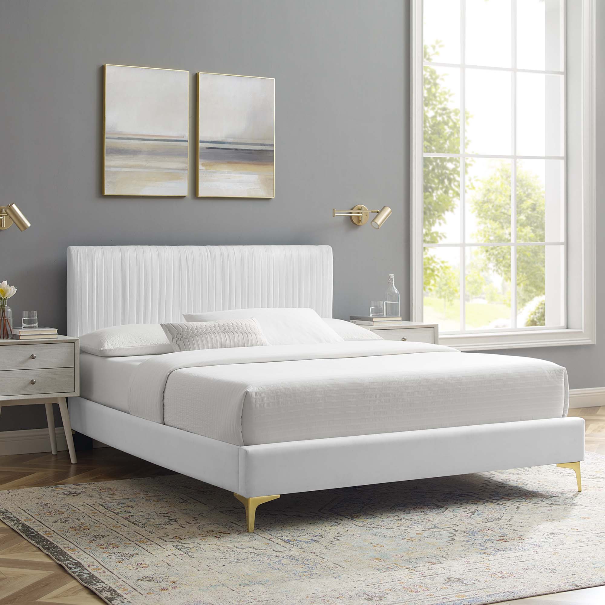 Peyton Performance Velvet Platform Bed With Gold Metal Legs by Modway