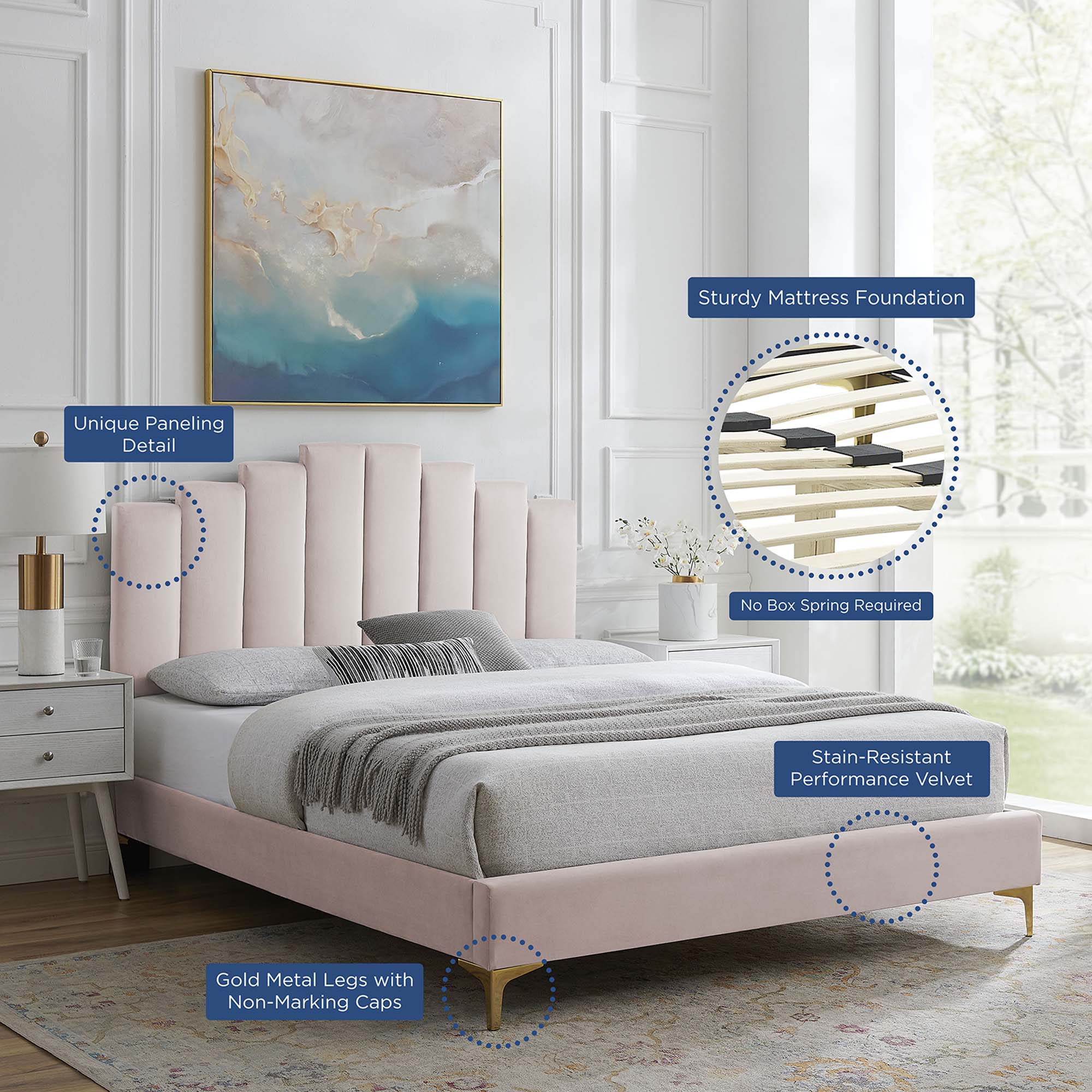Elise Performance Velvet Platform Bed With Gold Metal Legs by Modway