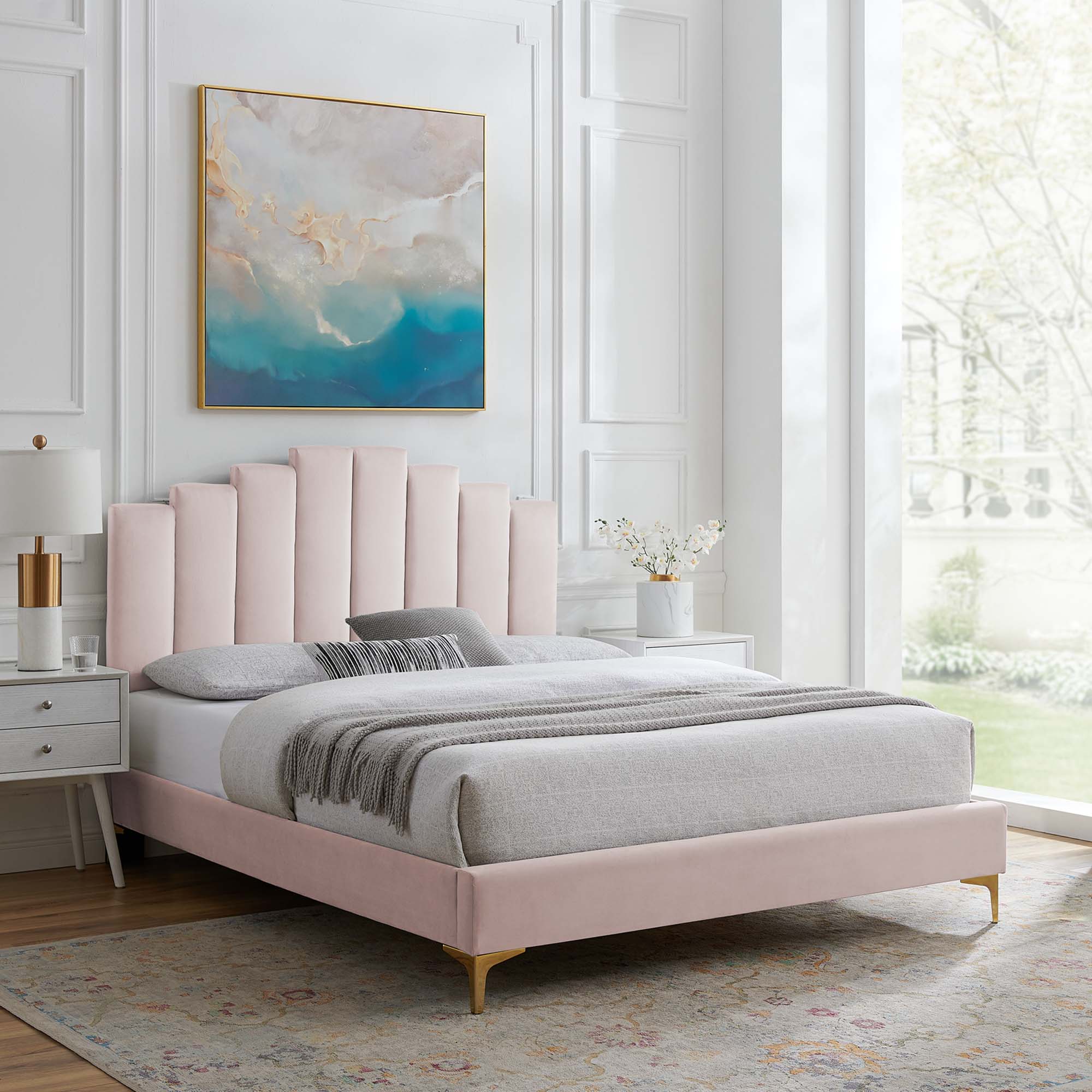 Elise Performance Velvet Platform Bed With Gold Metal Legs by Modway