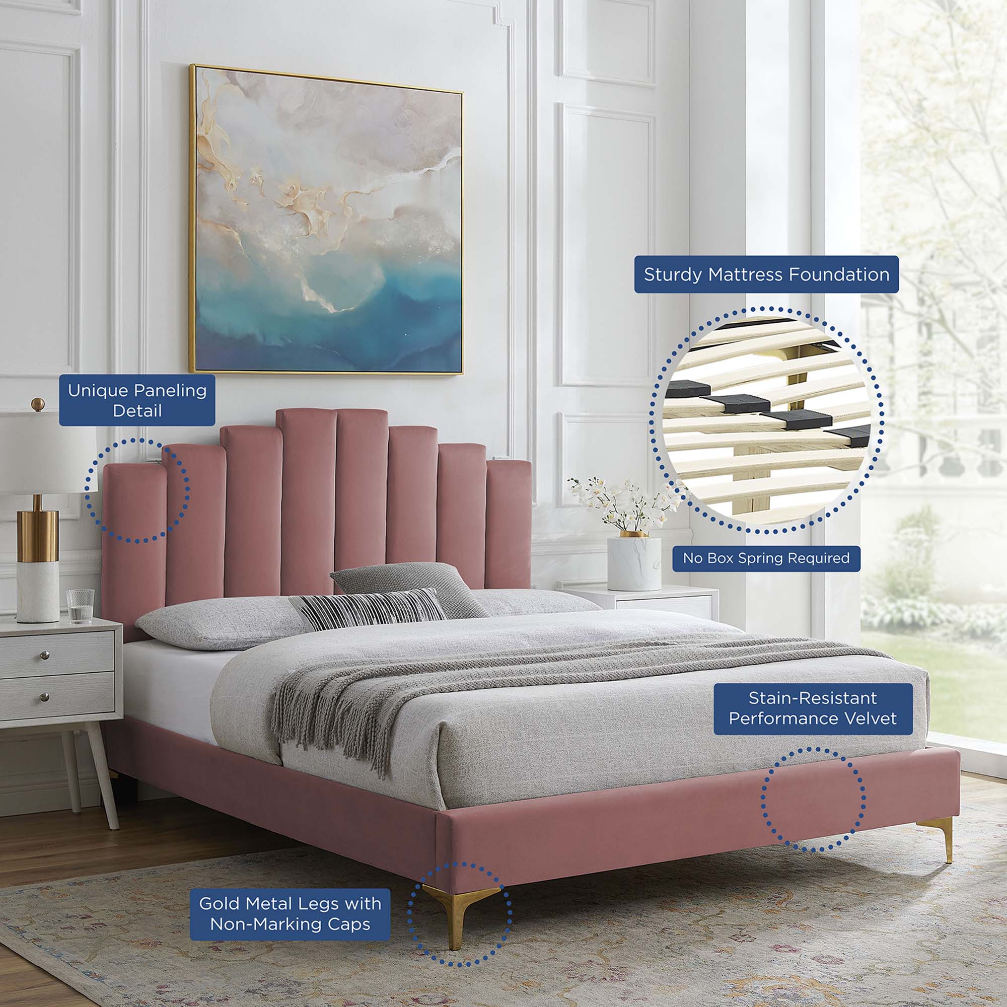 Elise Performance Velvet Platform Bed With Gold Metal Legs by Modway