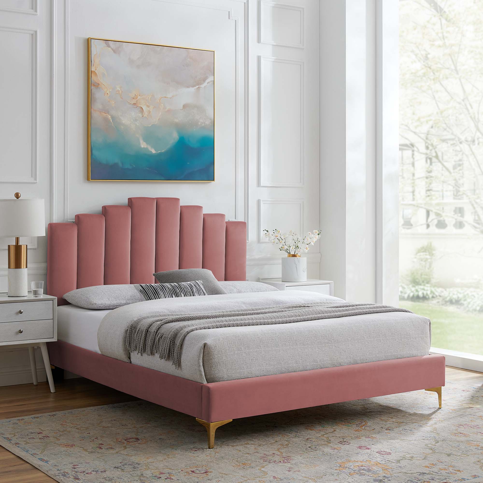 Elise Performance Velvet Platform Bed With Gold Metal Legs by Modway