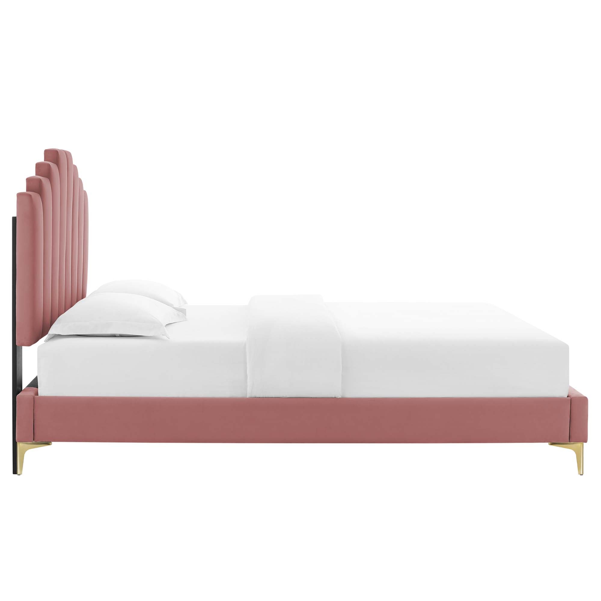 Elise Performance Velvet Platform Bed With Gold Metal Legs by Modway