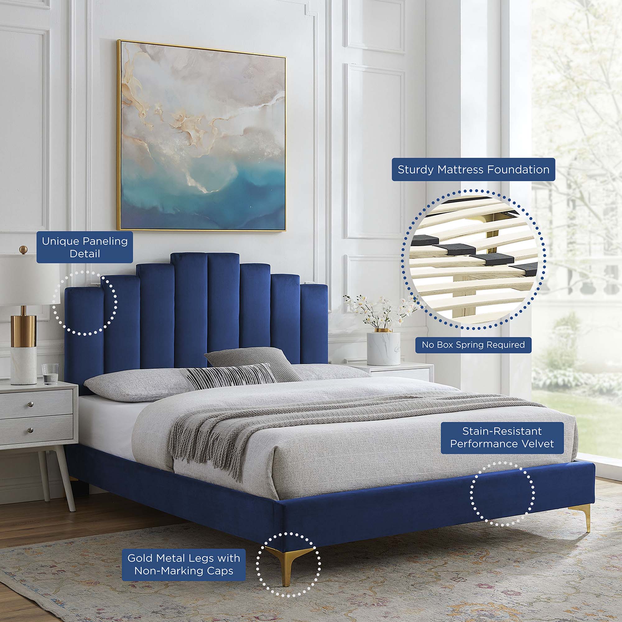 Elise Performance Velvet Platform Bed With Gold Metal Legs by Modway