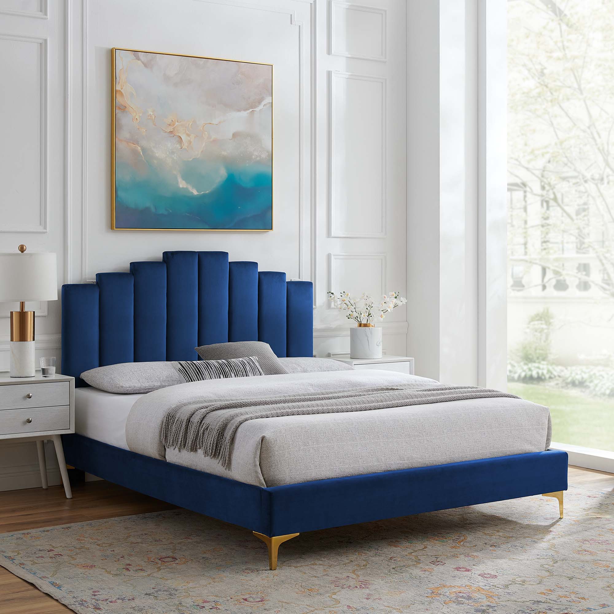 Elise Performance Velvet Platform Bed With Gold Metal Legs by Modway