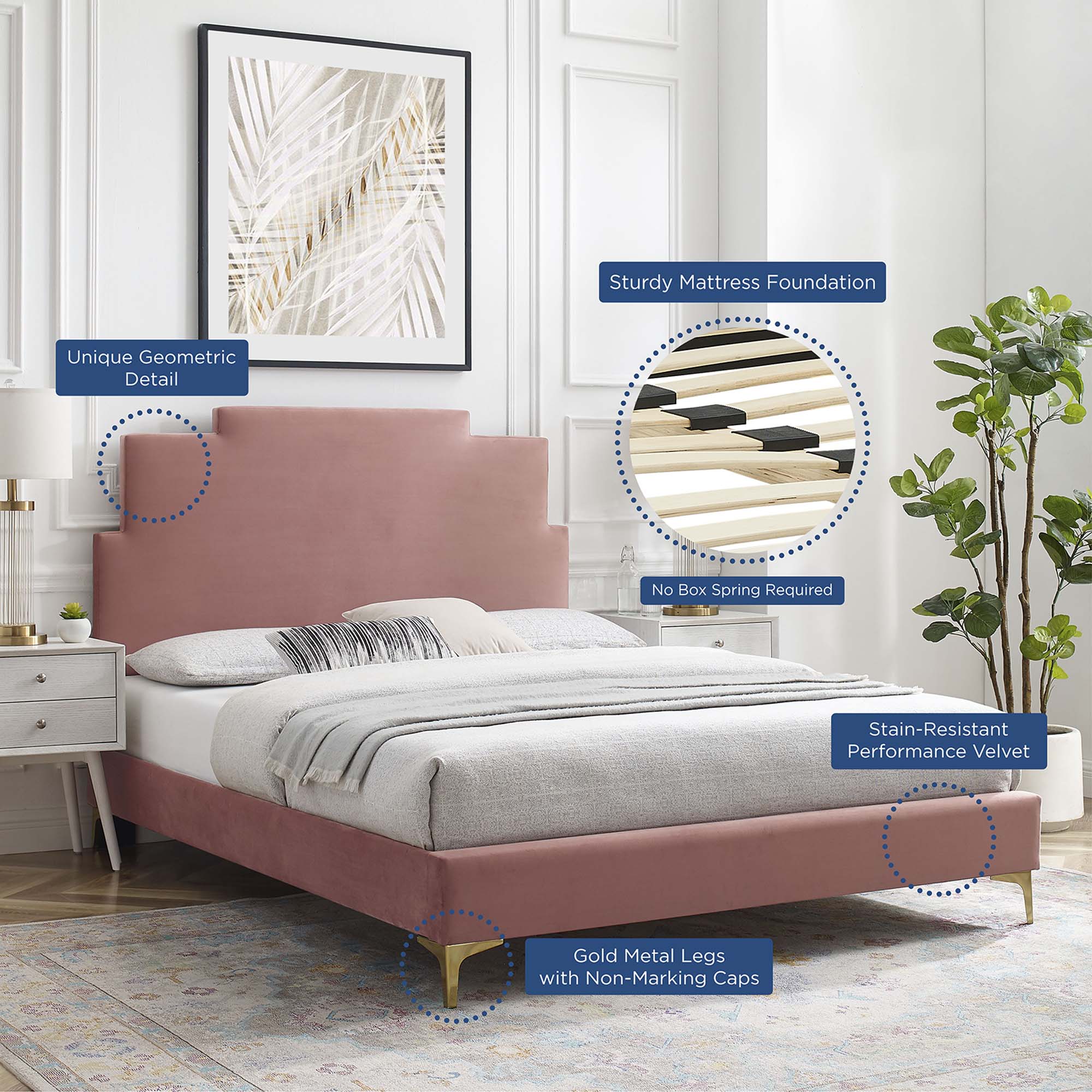Lindsey Performance Velvet Platform Bed With Gold Metal Legs by Modway