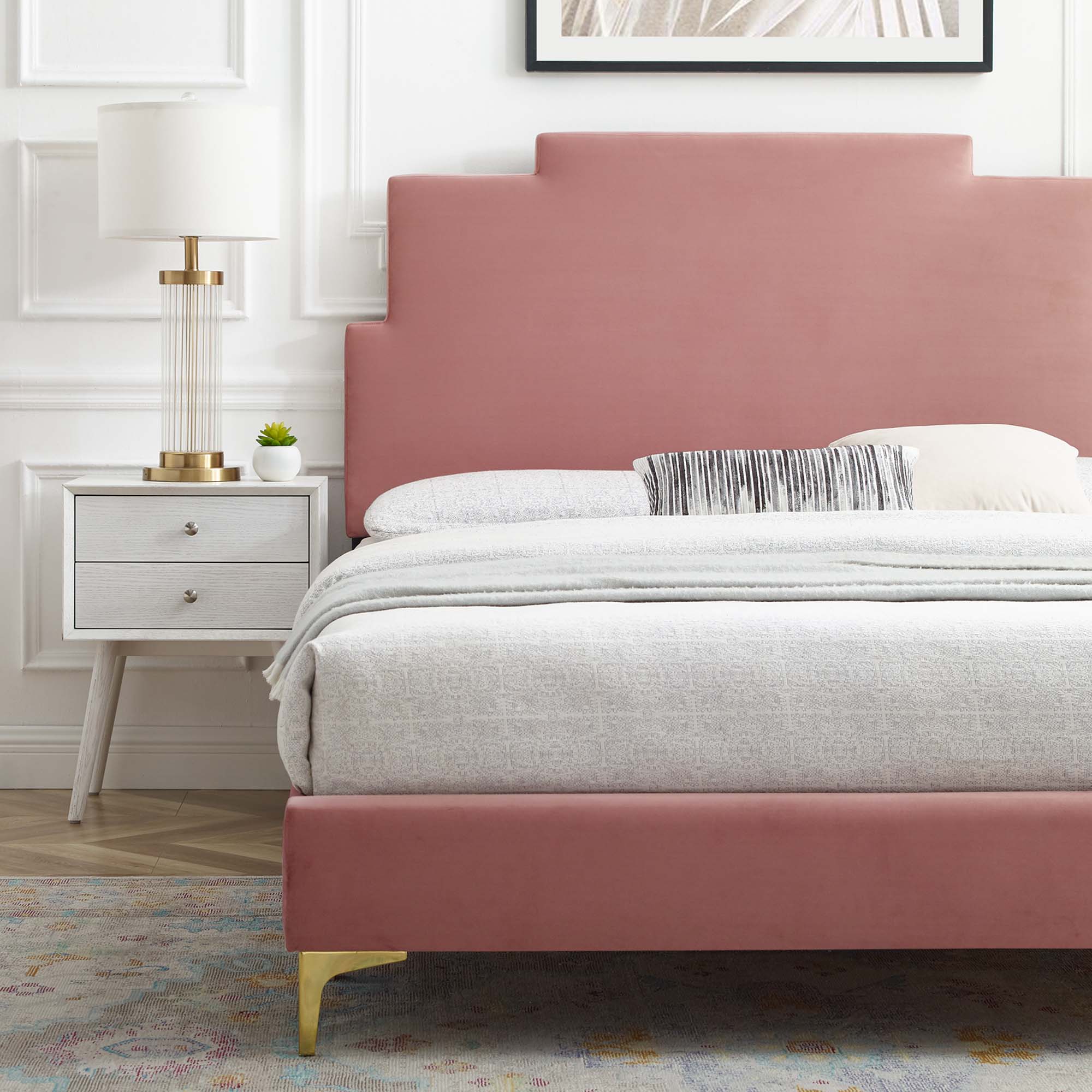 Lindsey Performance Velvet Platform Bed With Gold Metal Legs by Modway