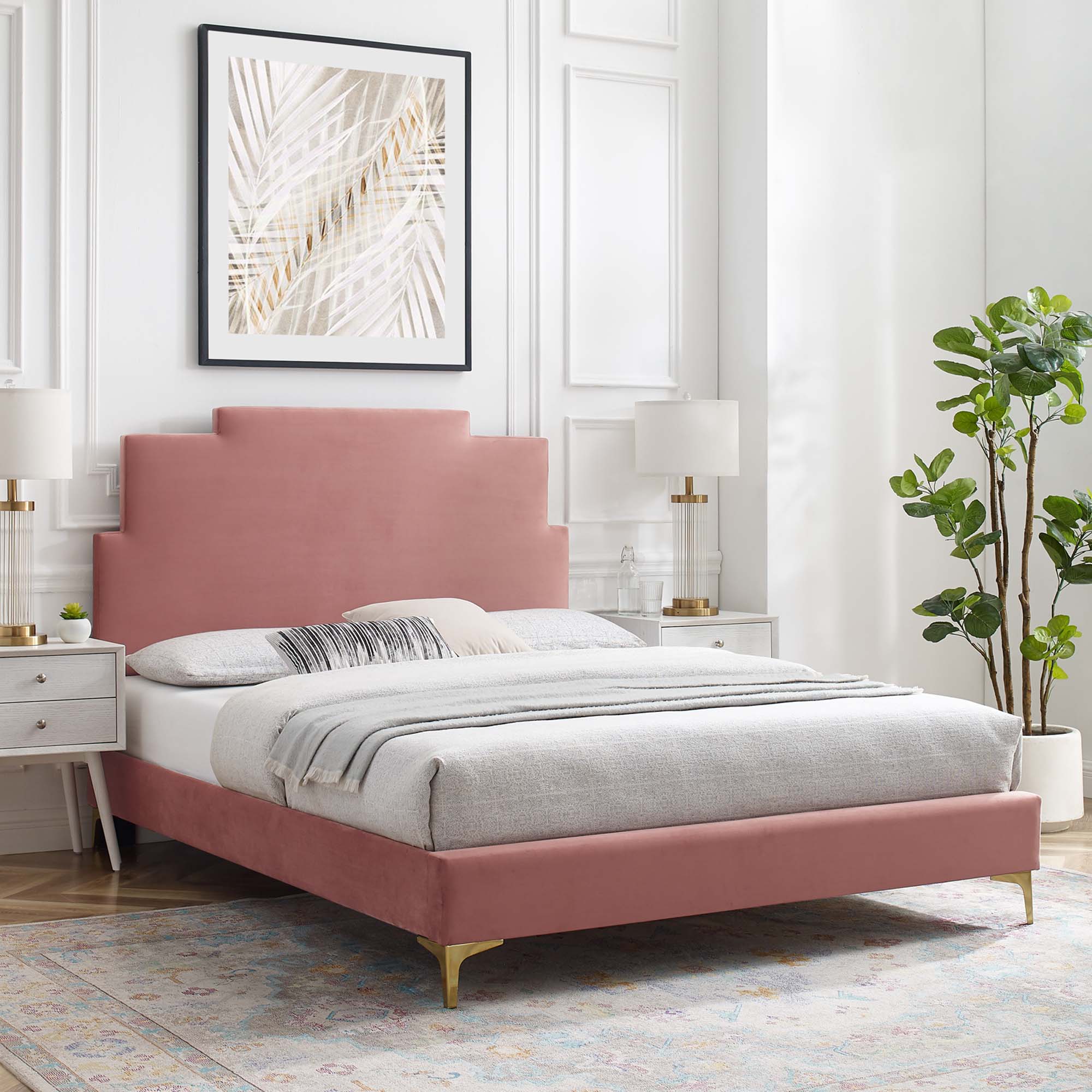 Lindsey Performance Velvet Platform Bed With Gold Metal Legs by Modway
