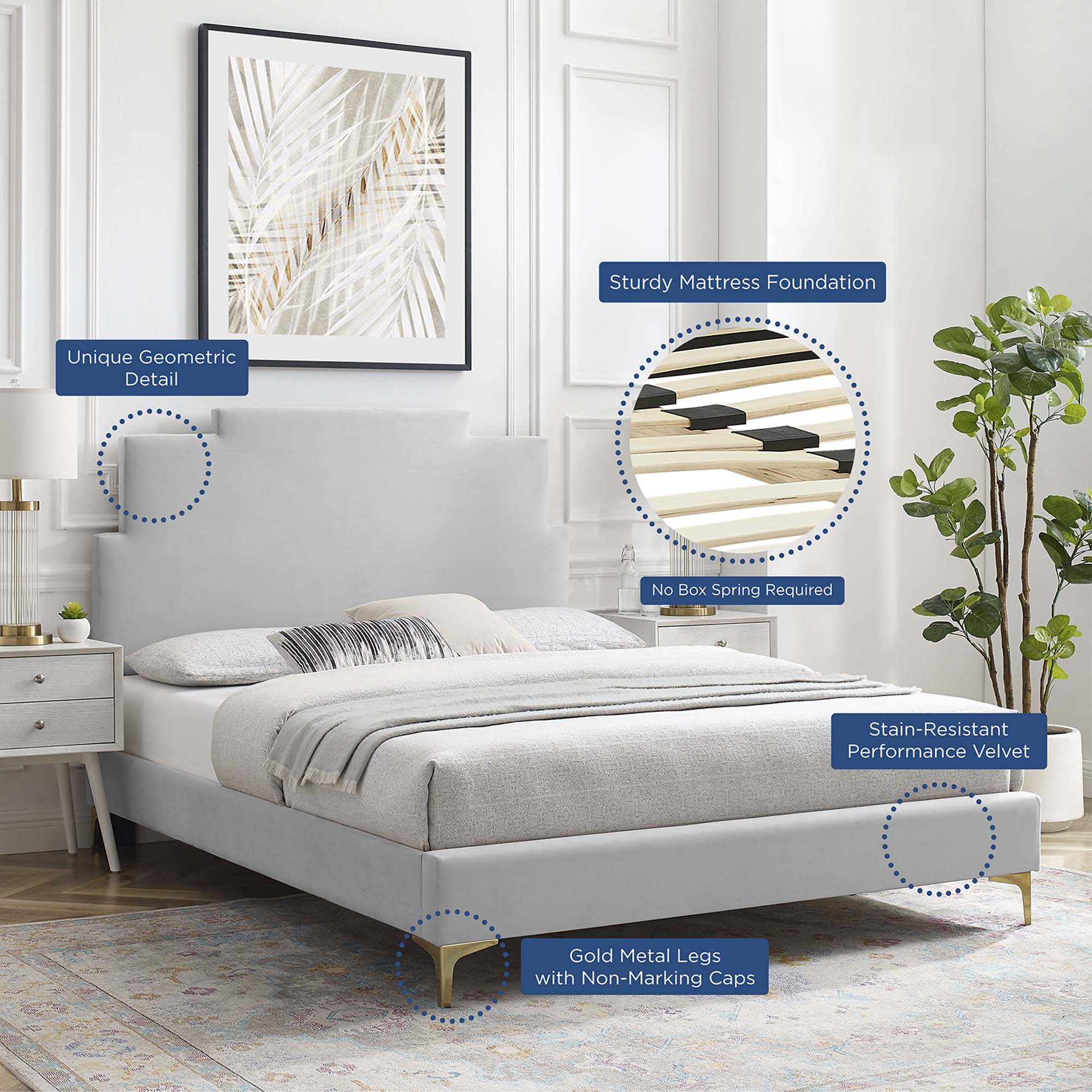 Lindsey Performance Velvet Platform Bed With Gold Metal Legs by Modway