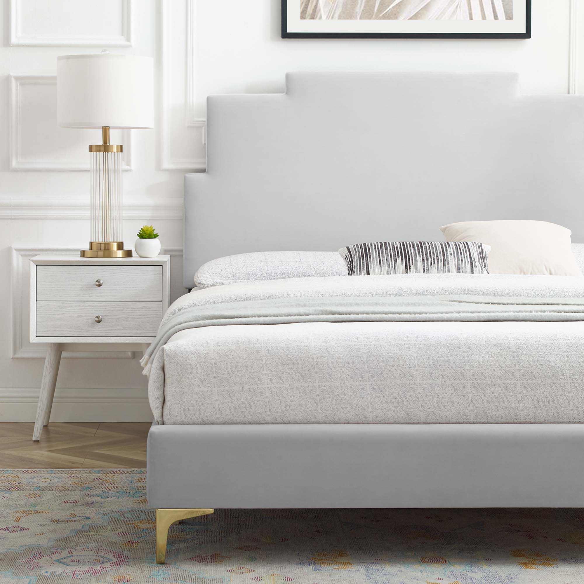 Lindsey Performance Velvet Platform Bed With Gold Metal Legs by Modway