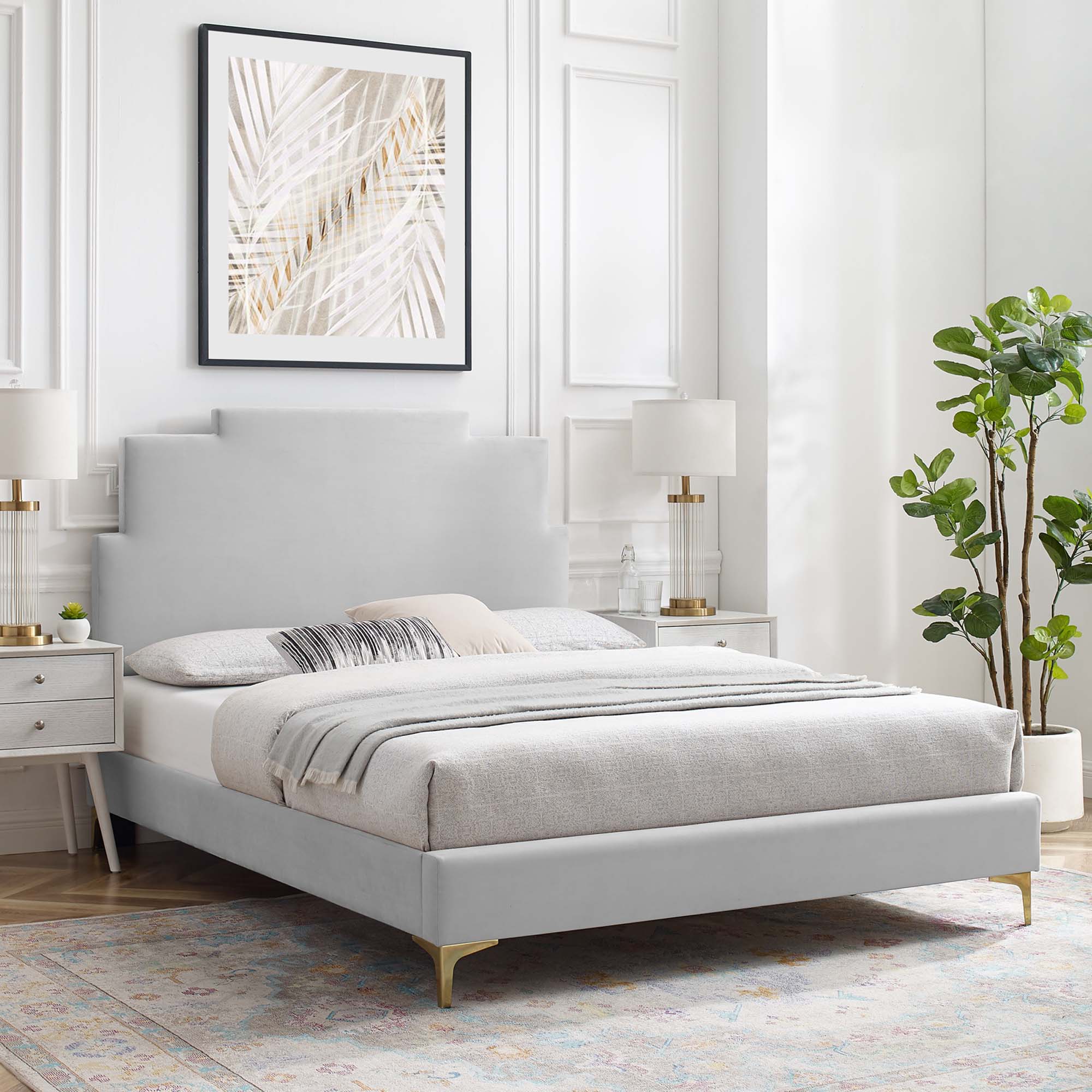 Lindsey Performance Velvet Platform Bed With Gold Metal Legs by Modway