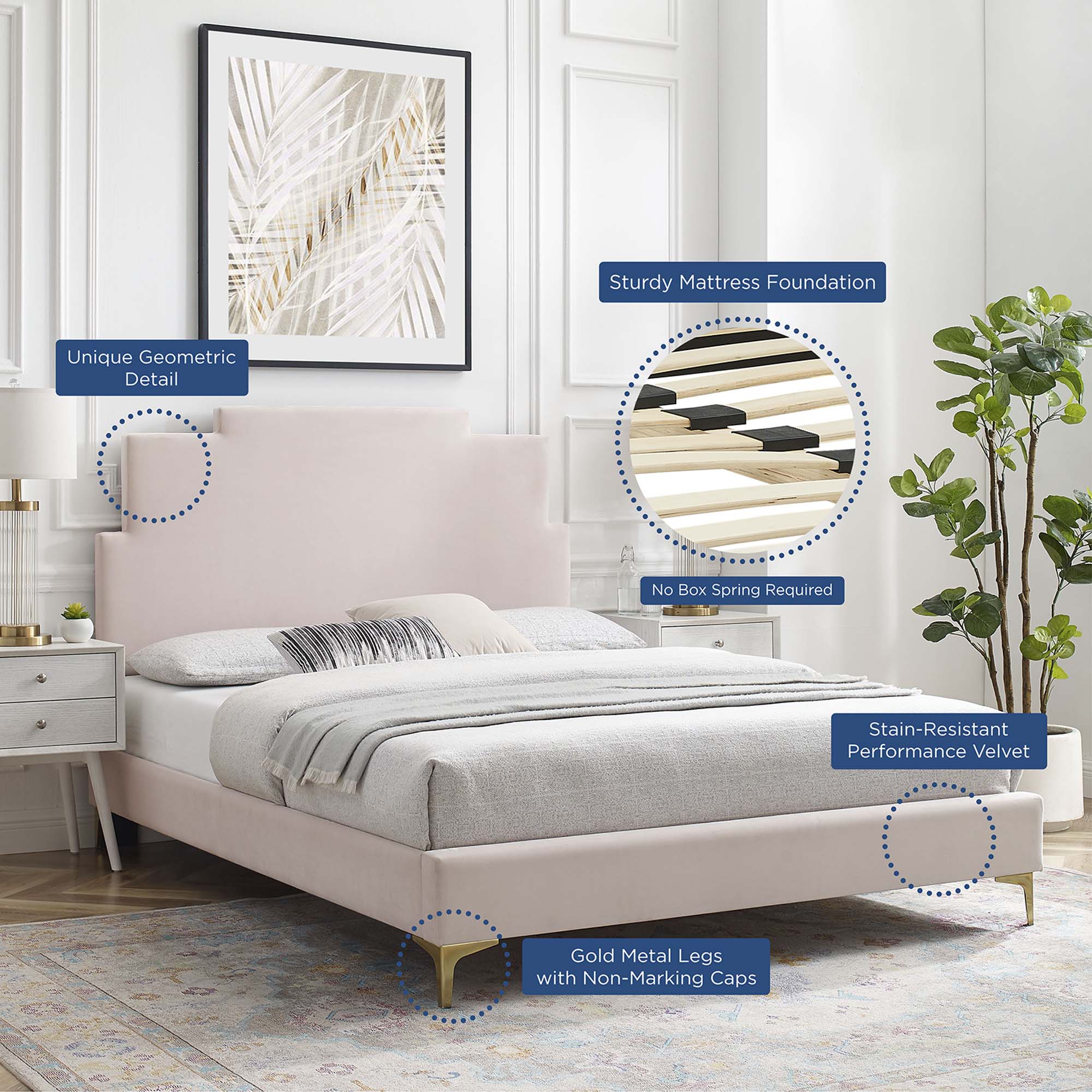 Lindsey Performance Velvet Platform Bed With Gold Metal Legs by Modway