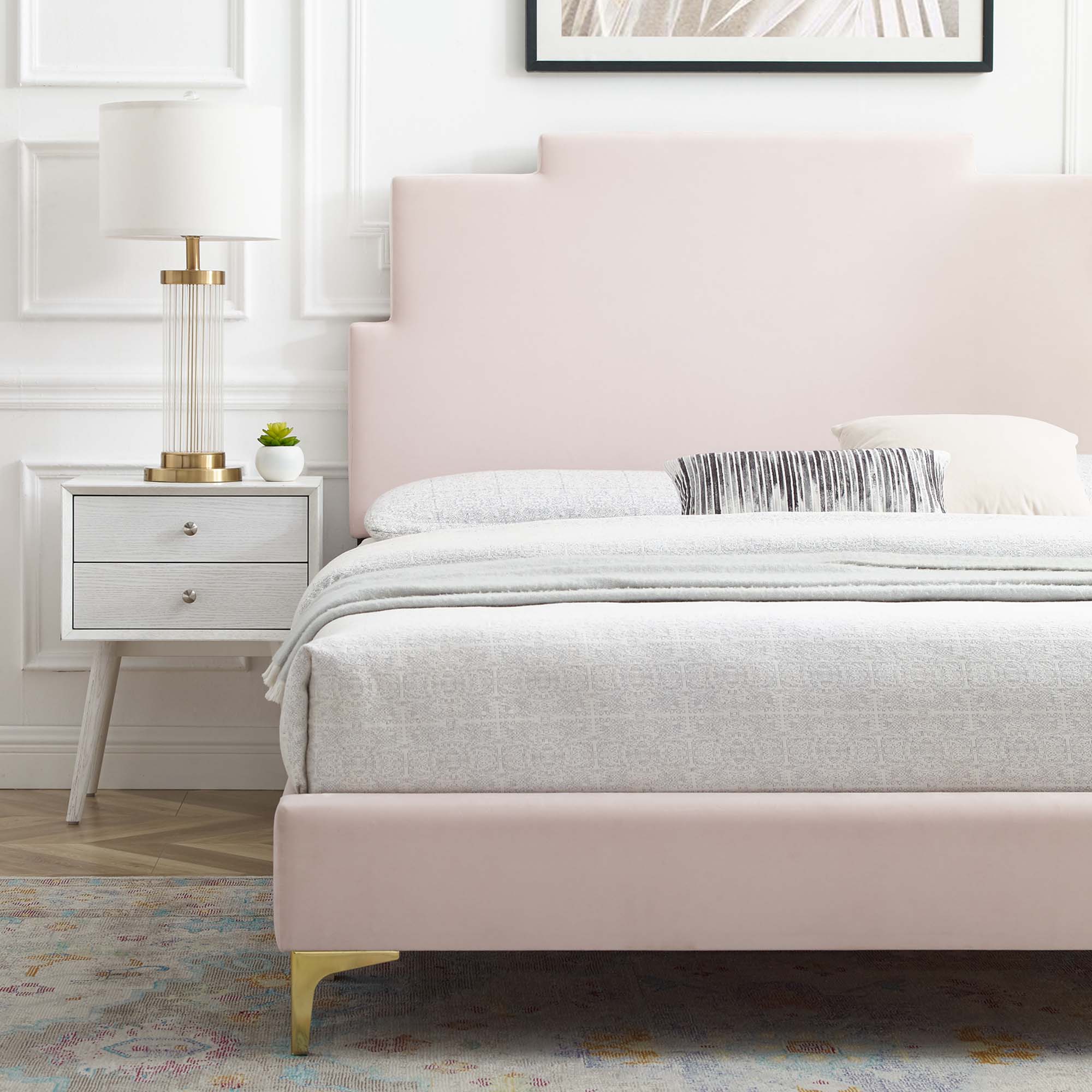 Lindsey Performance Velvet Platform Bed With Gold Metal Legs by Modway