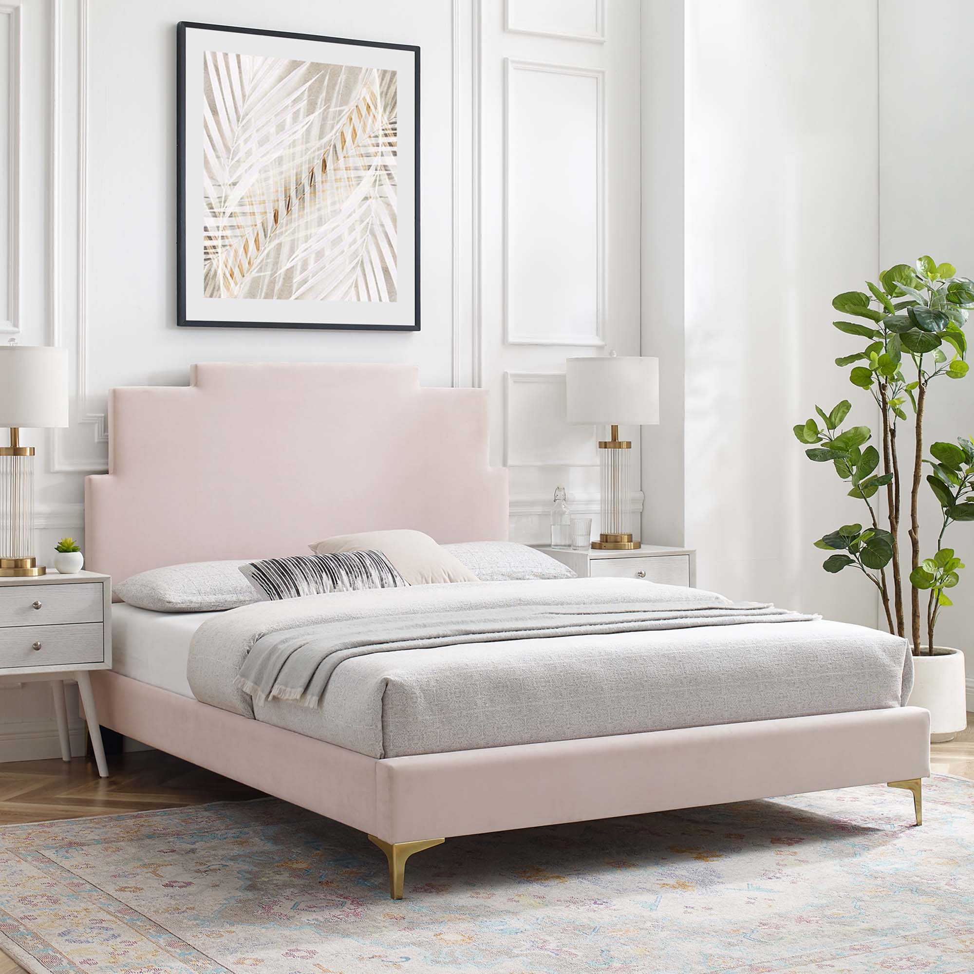 Lindsey Performance Velvet Platform Bed With Gold Metal Legs by Modway