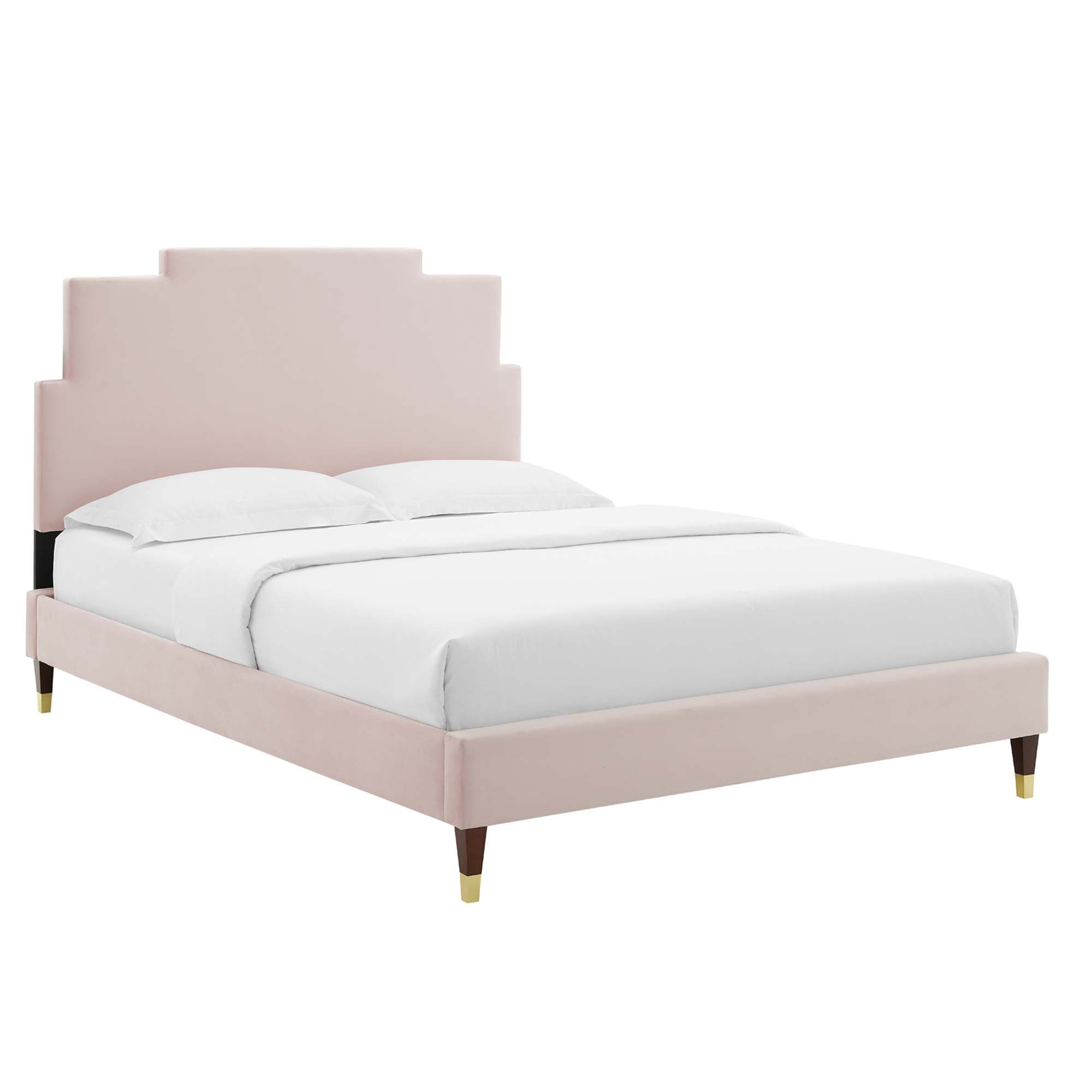Lindsey Performance Velvet Platform Bed With Wood and Gold Legs by Modway