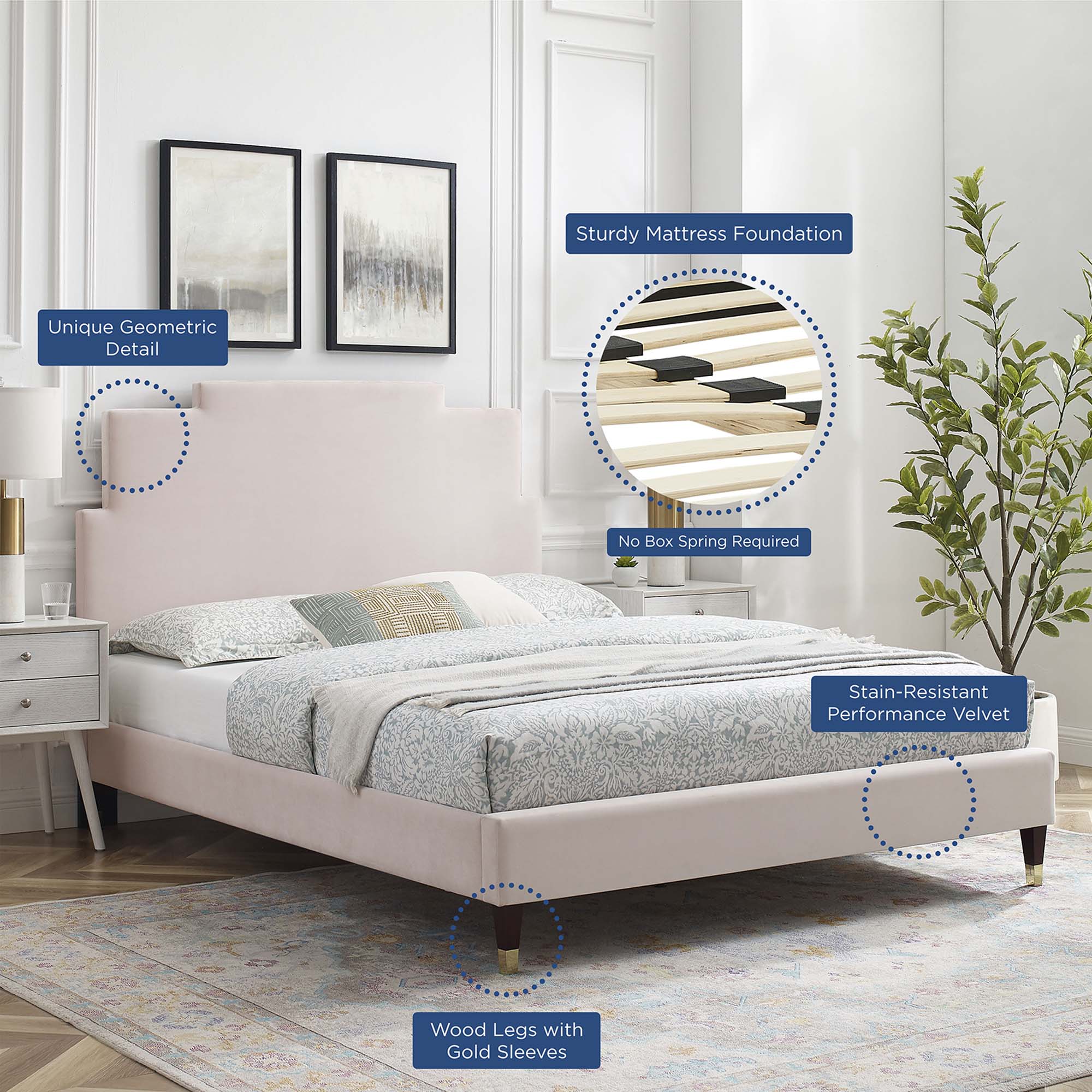 Lindsey Performance Velvet Platform Bed With Wood and Gold Legs by Modway