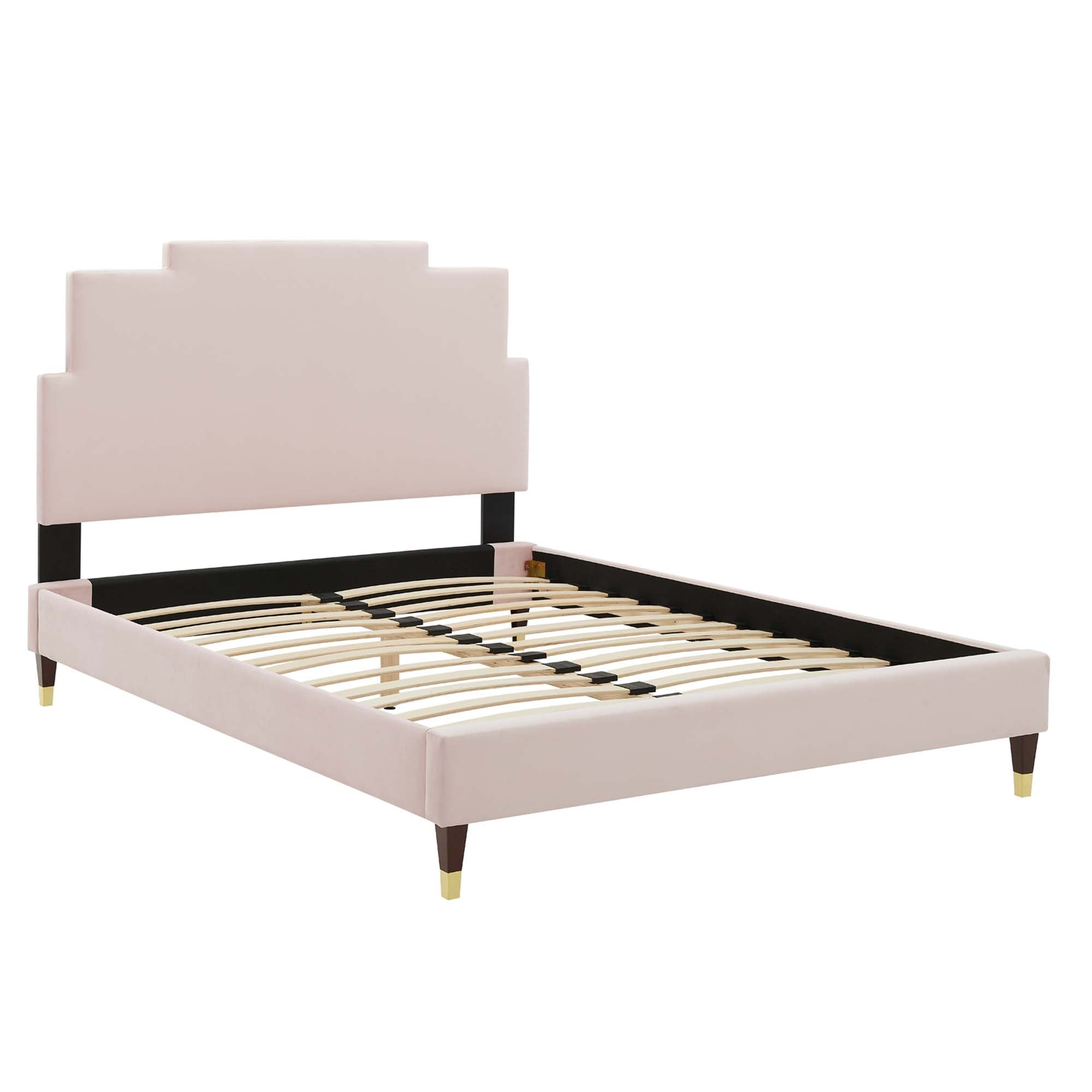 Lindsey Performance Velvet Platform Bed With Wood and Gold Legs by Modway
