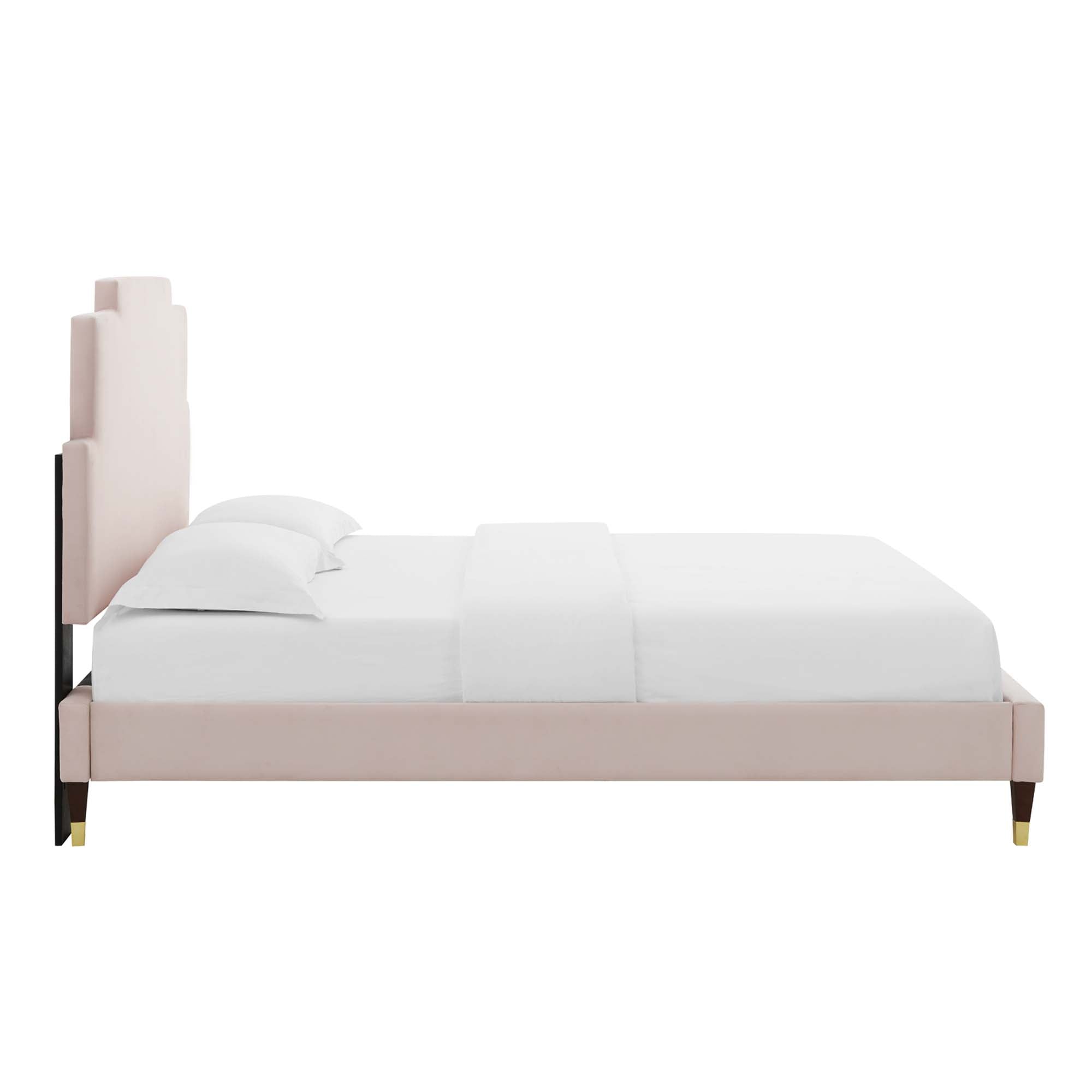 Lindsey Performance Velvet Platform Bed With Wood and Gold Legs by Modway