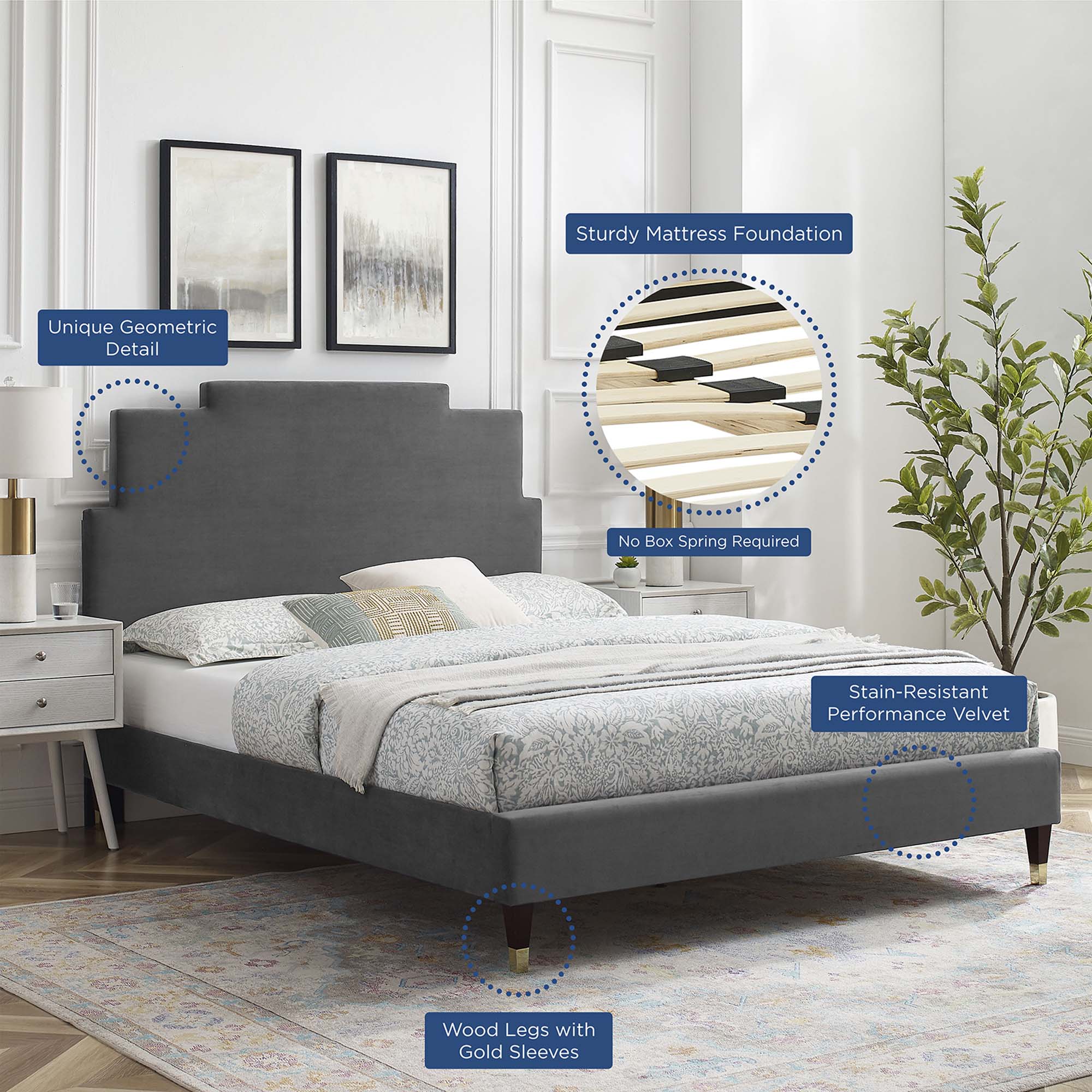 Lindsey Performance Velvet Platform Bed With Wood and Gold Legs by Modway
