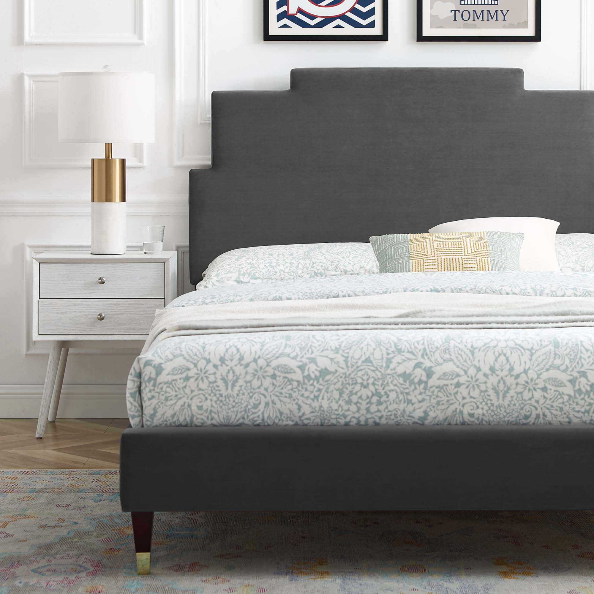 Lindsey Performance Velvet Platform Bed With Wood and Gold Legs by Modway