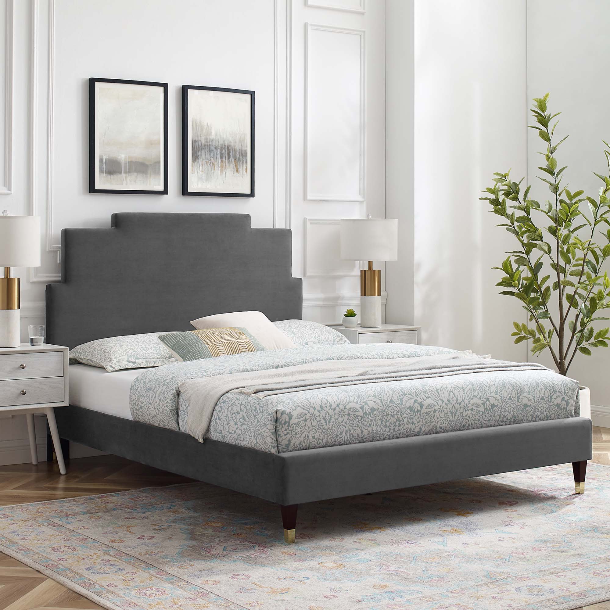 Lindsey Performance Velvet Platform Bed With Wood and Gold Legs by Modway