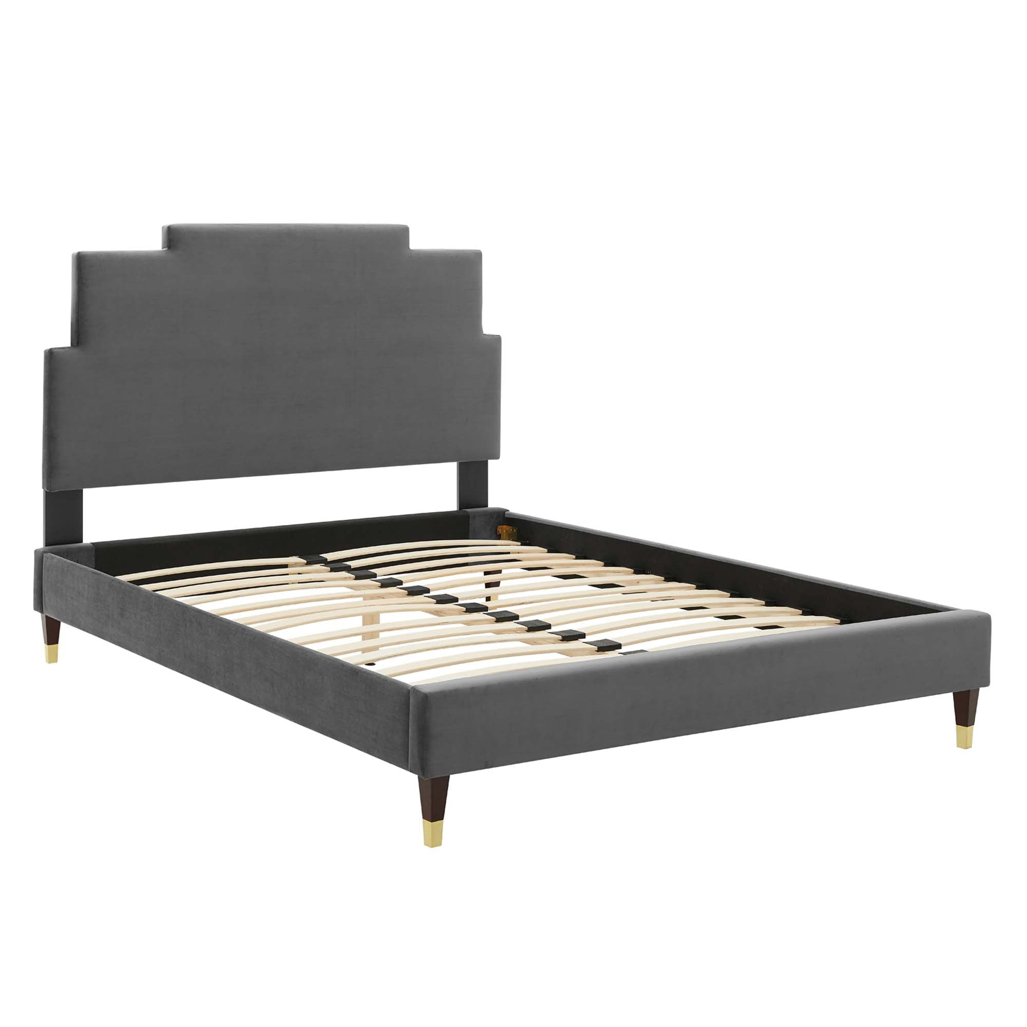 Lindsey Performance Velvet Platform Bed With Wood and Gold Legs by Modway
