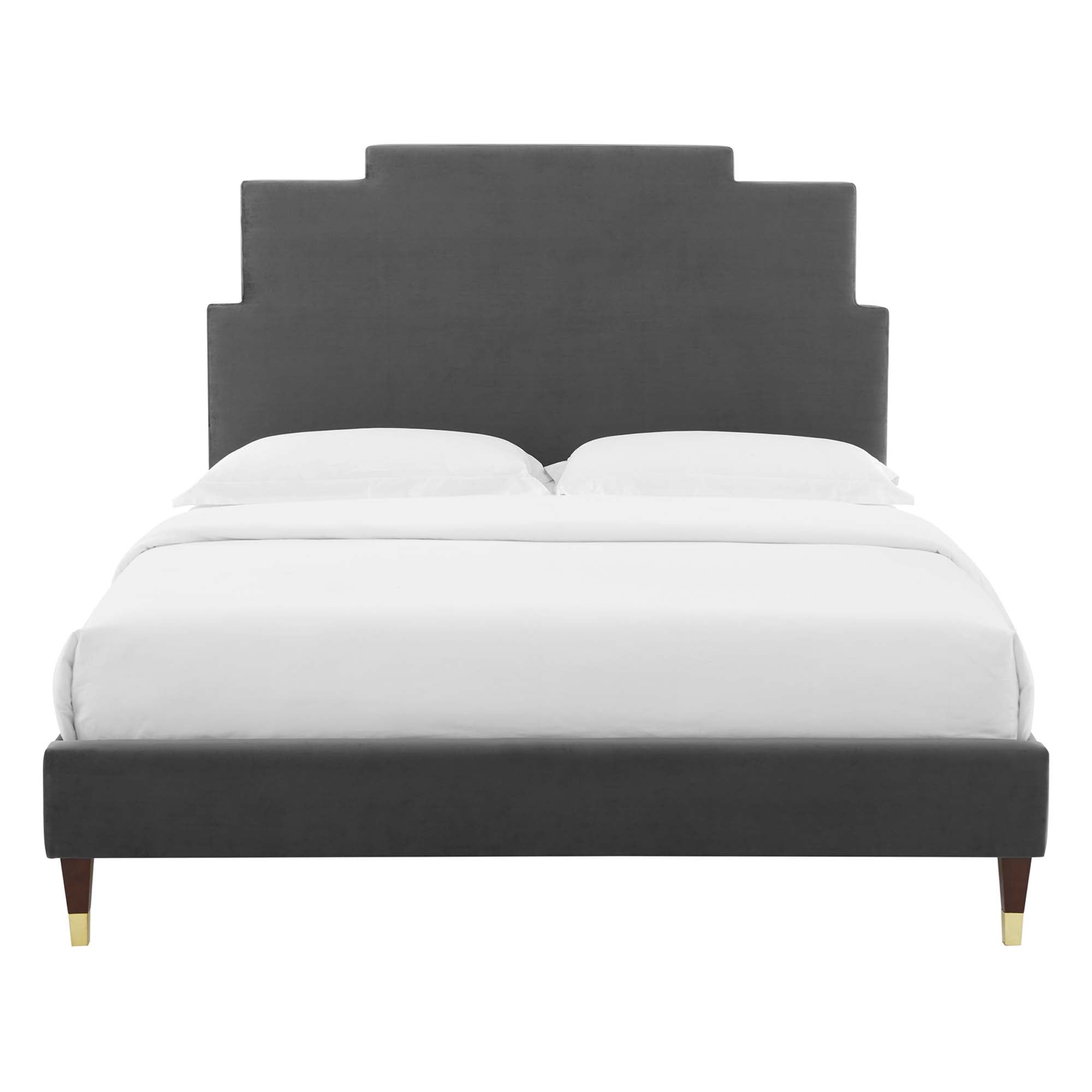 Lindsey Performance Velvet Platform Bed With Wood and Gold Legs by Modway