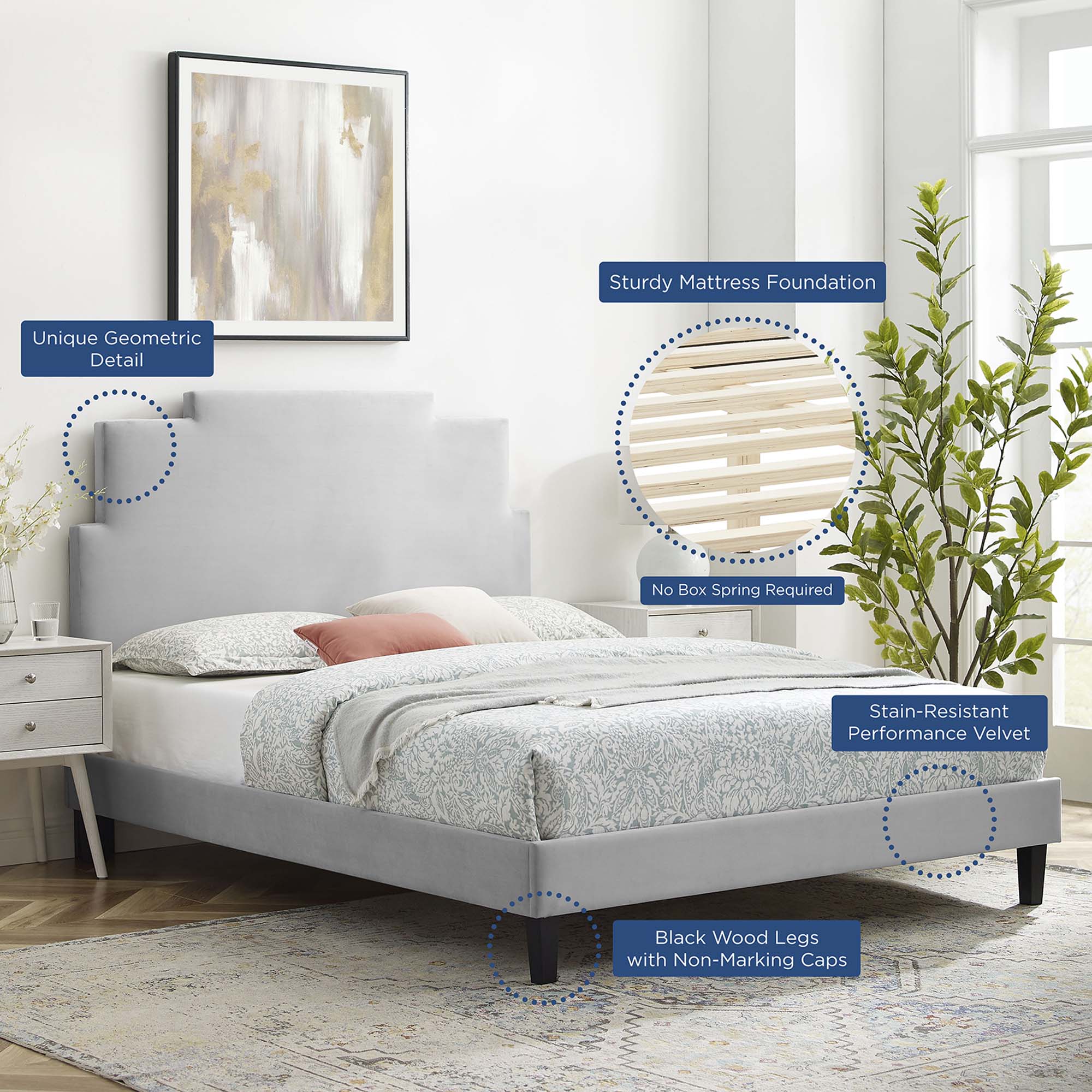 Lindsey Performance Velvet Platform Bed With Black Wood Legs by Modway