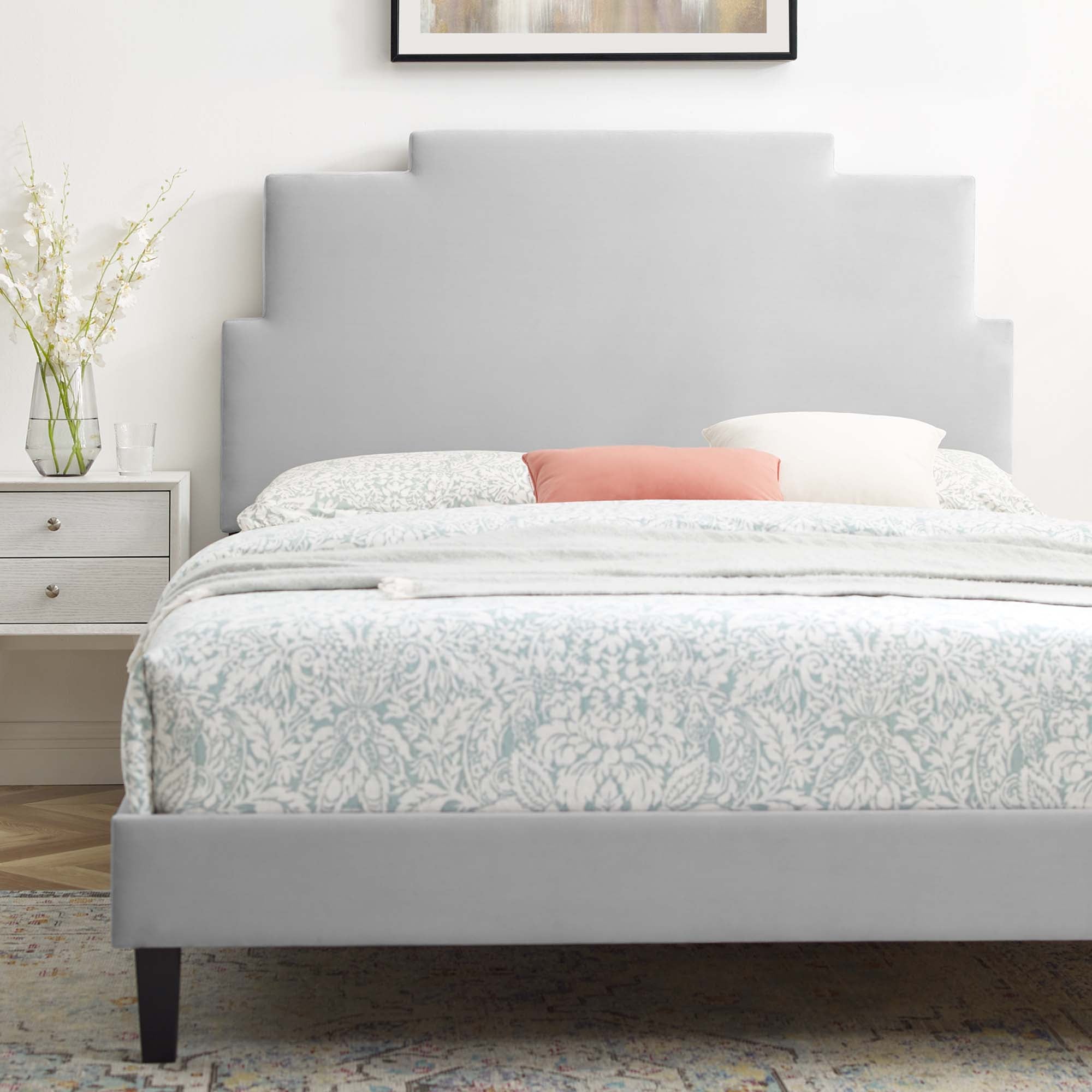 Lindsey Performance Velvet Platform Bed With Black Wood Legs by Modway