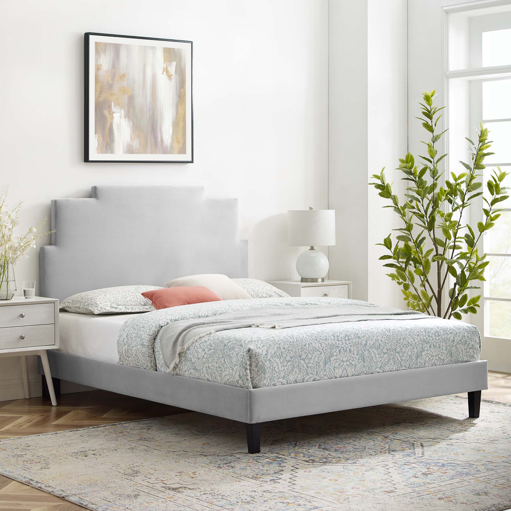 Lindsey Performance Velvet Platform Bed With Black Wood Legs by Modway