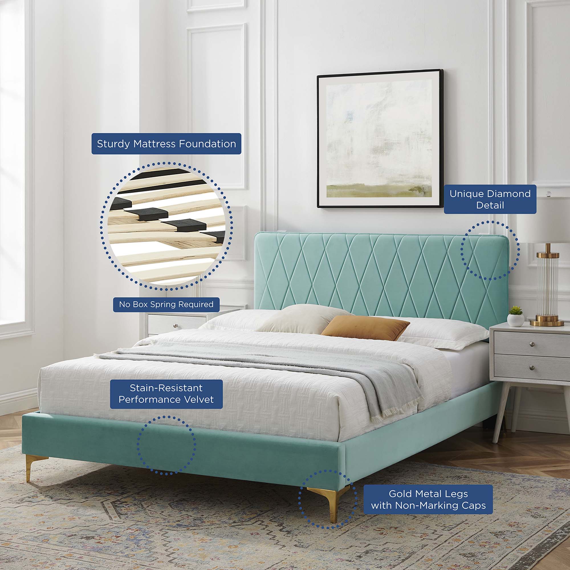 Phillipa Performance Velvet Platform Bed With Gold Metal Legs by Modway