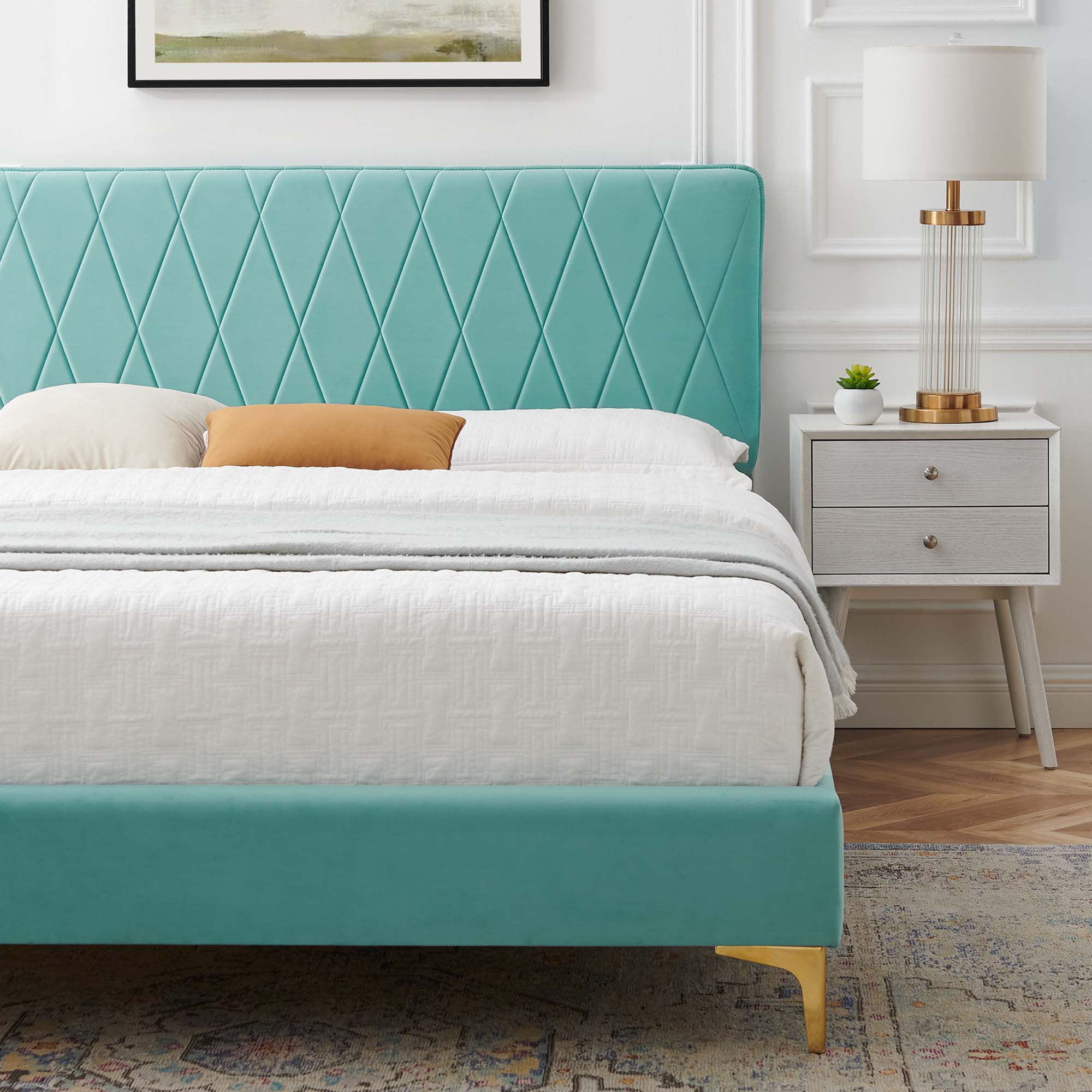 Phillipa Performance Velvet Platform Bed With Gold Metal Legs by Modway