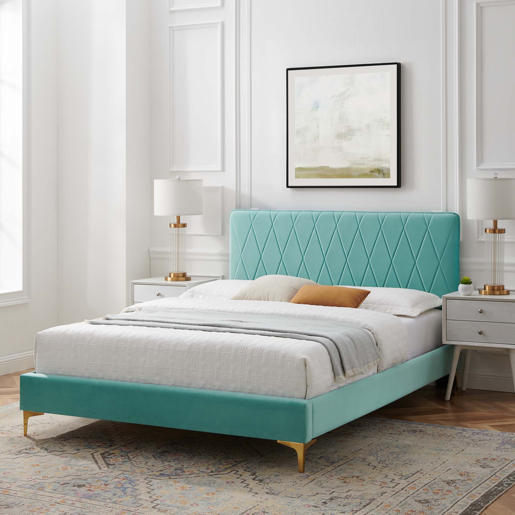 Phillipa Performance Velvet Platform Bed With Gold Metal Legs by Modway