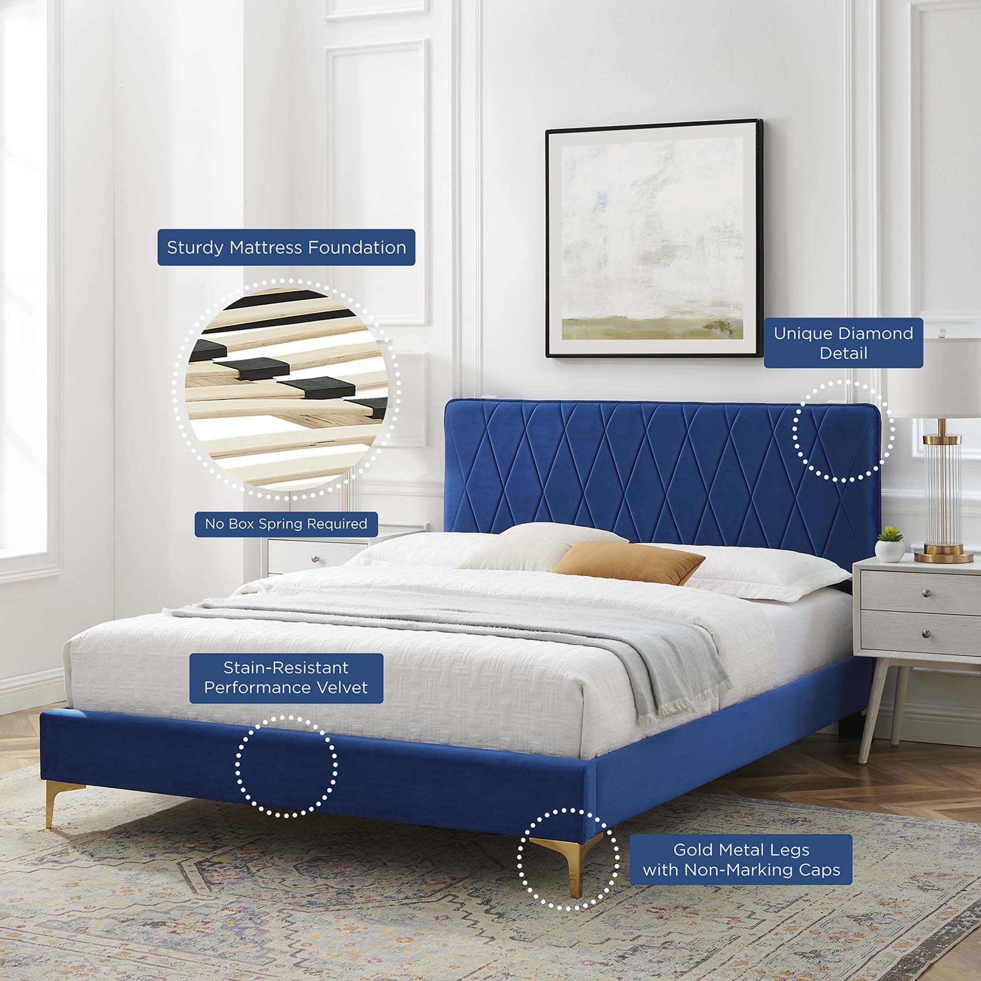Phillipa Performance Velvet Platform Bed With Gold Metal Legs by Modway