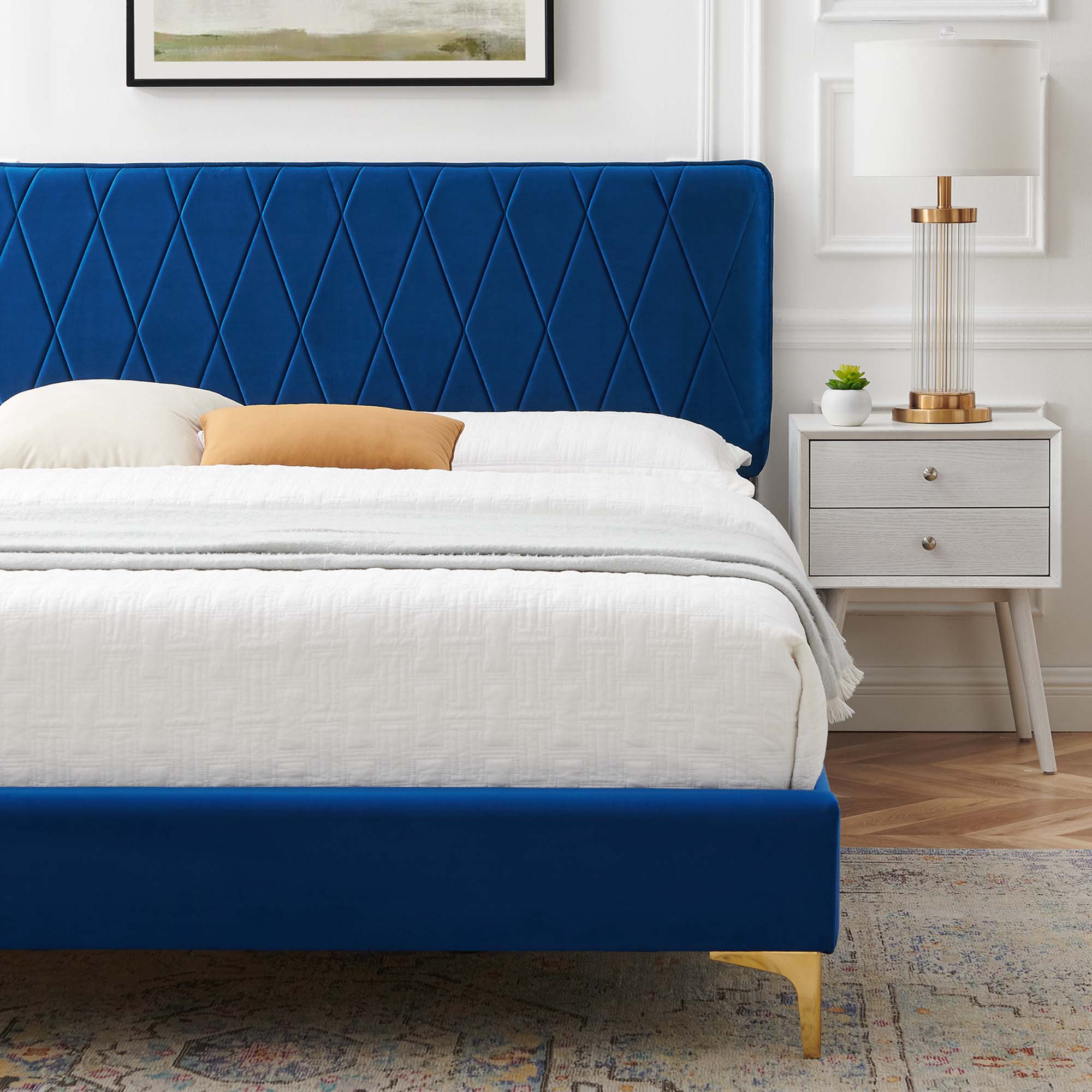 Phillipa Performance Velvet Platform Bed With Gold Metal Legs by Modway