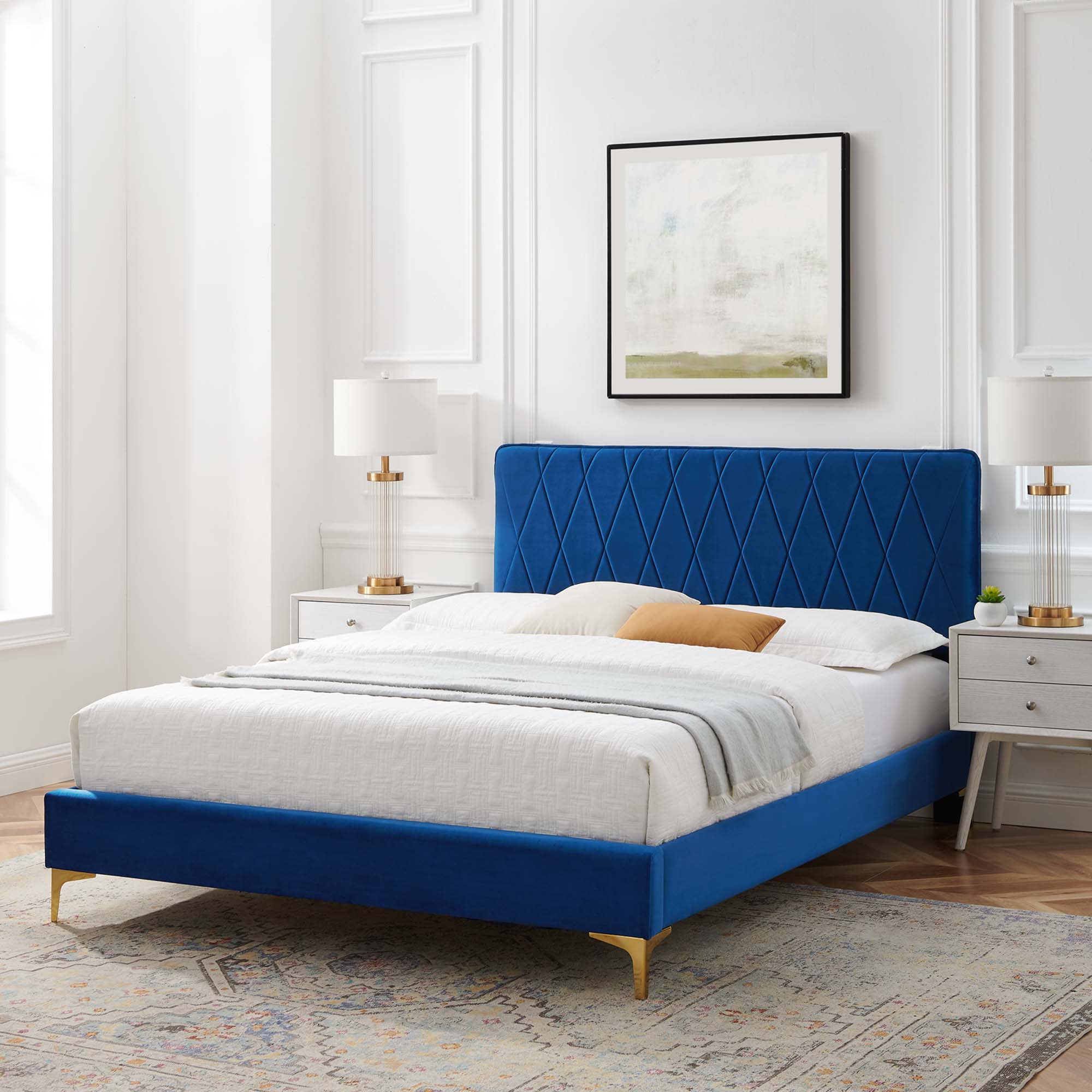 Phillipa Performance Velvet Platform Bed With Gold Metal Legs by Modway