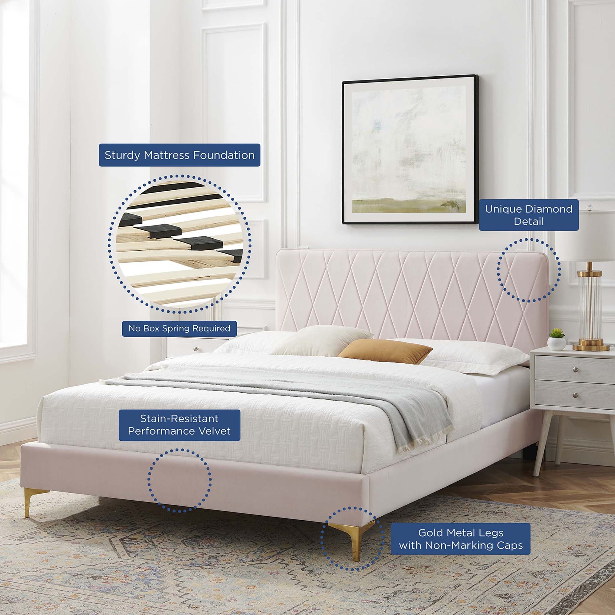 Phillipa Performance Velvet Platform Bed With Gold Metal Legs by Modway