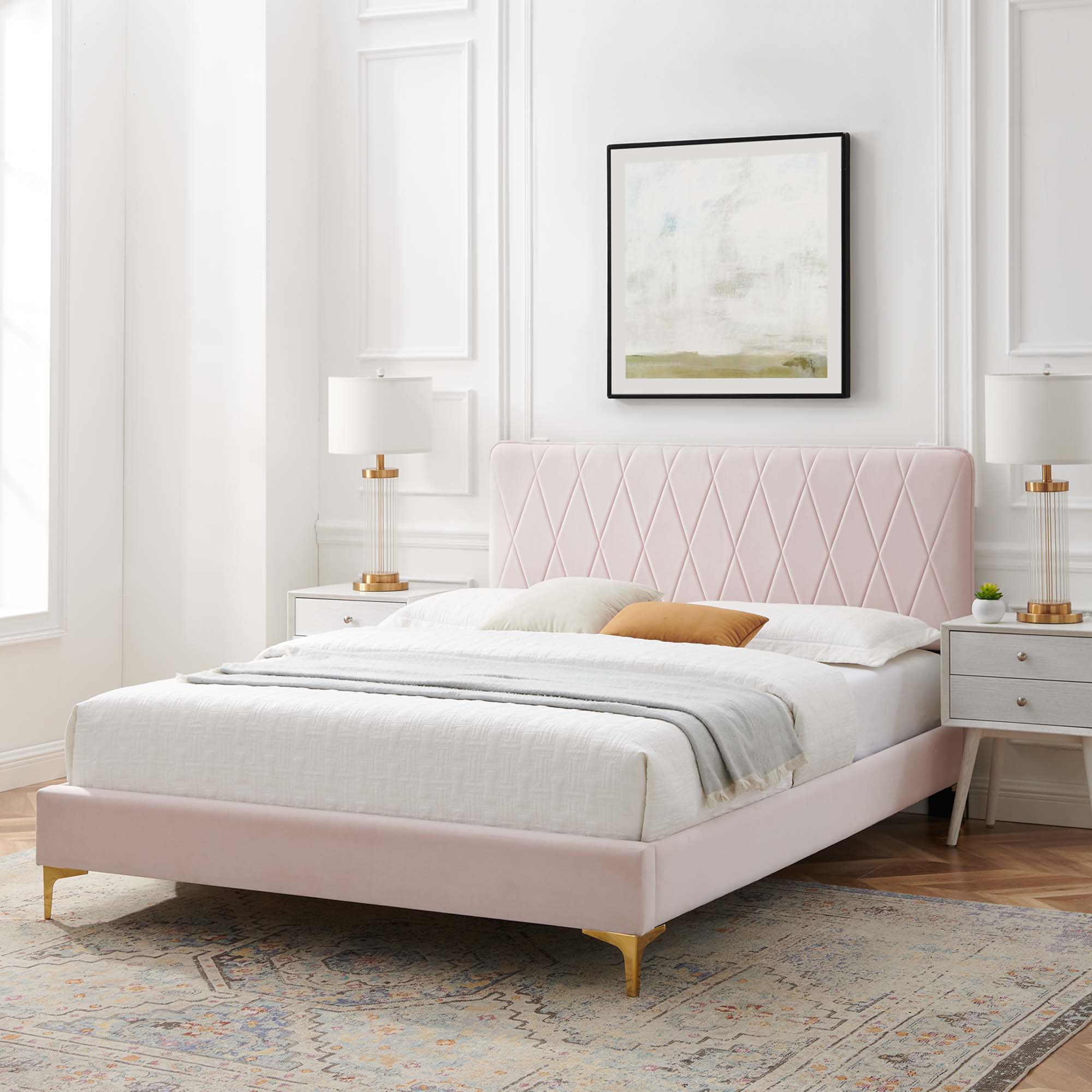 Phillipa Performance Velvet Platform Bed With Gold Metal Legs by Modway