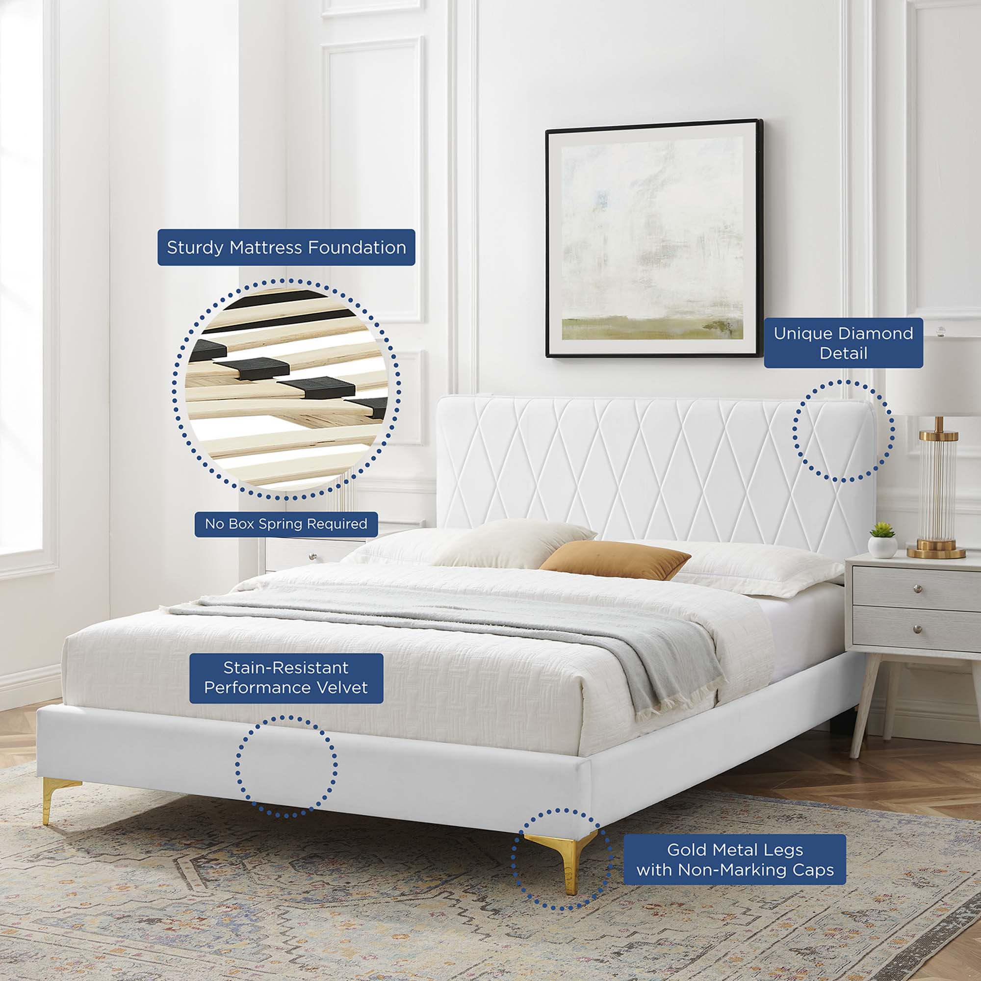 Phillipa Performance Velvet Platform Bed With Gold Metal Legs by Modway