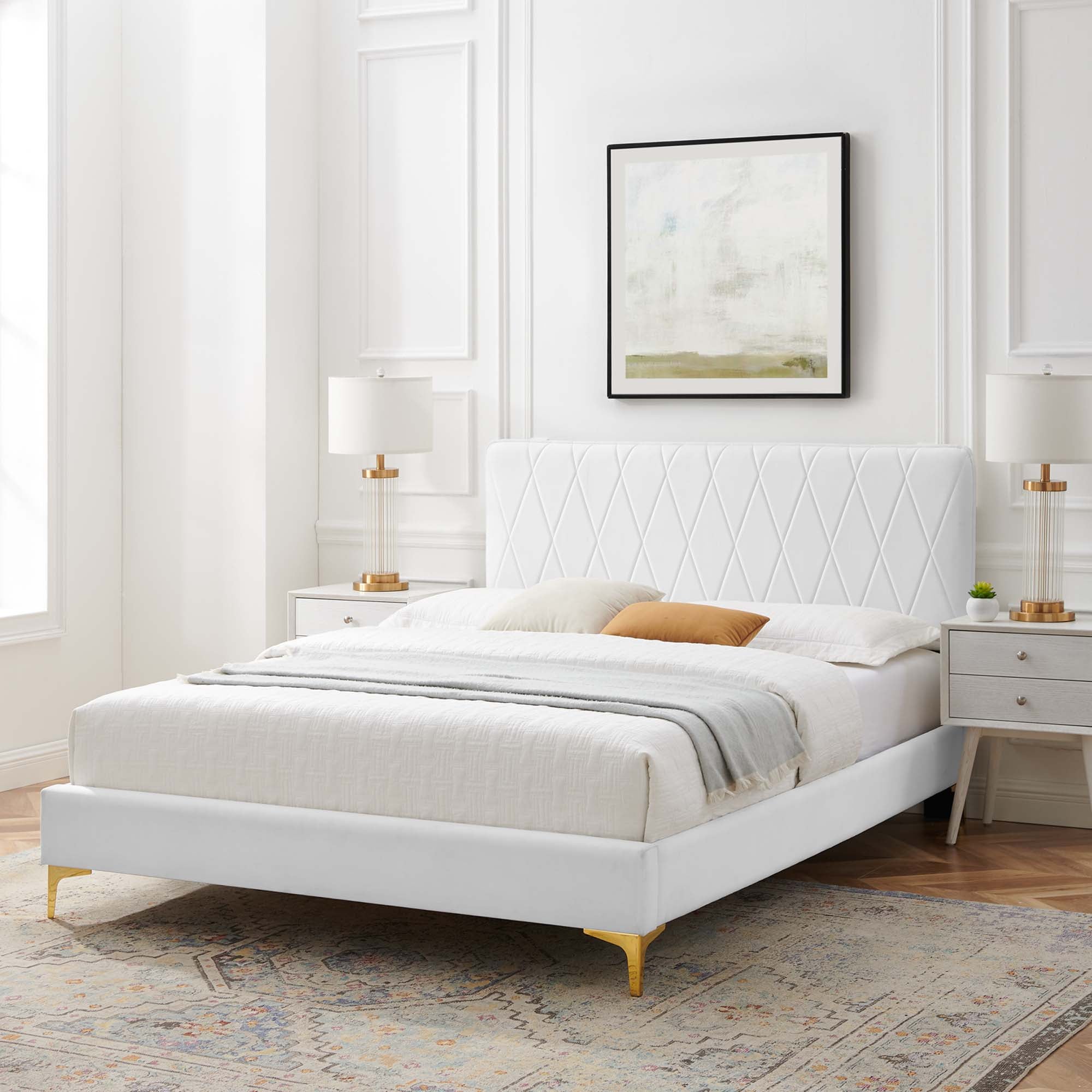 Phillipa Performance Velvet Platform Bed With Gold Metal Legs by Modway