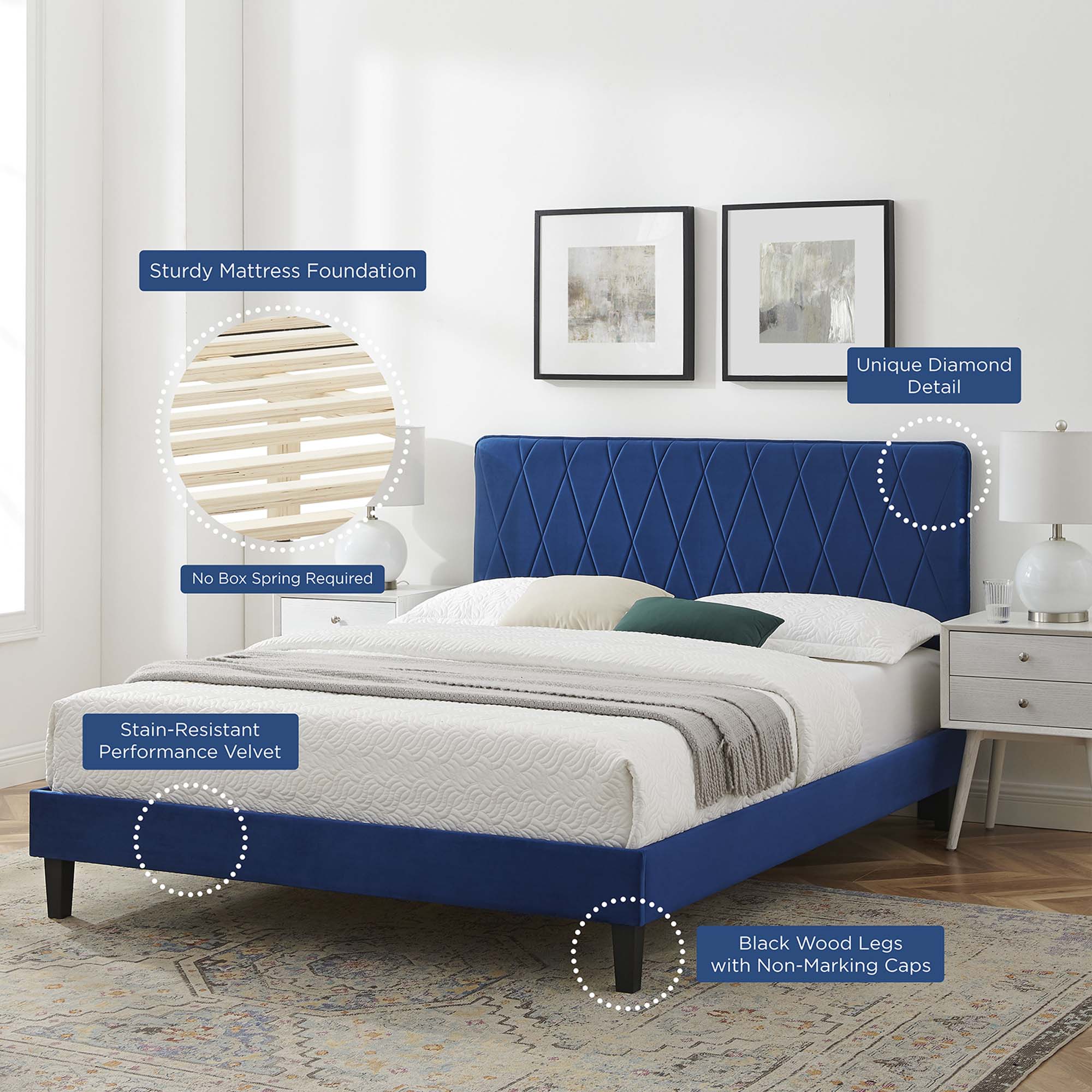 Phillipa Performance Velvet Platform Bed With Black Wood Legs by Modway