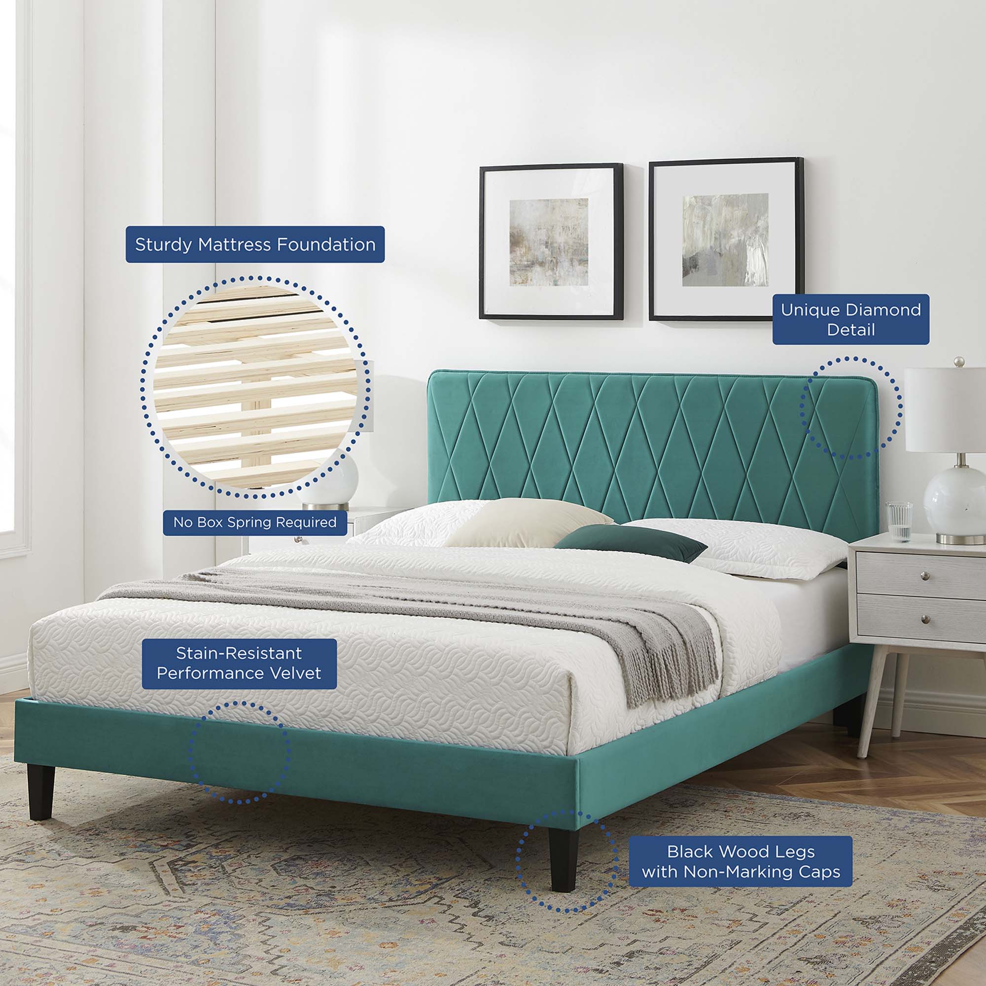 Phillipa Performance Velvet Platform Bed With Black Wood Legs by Modway