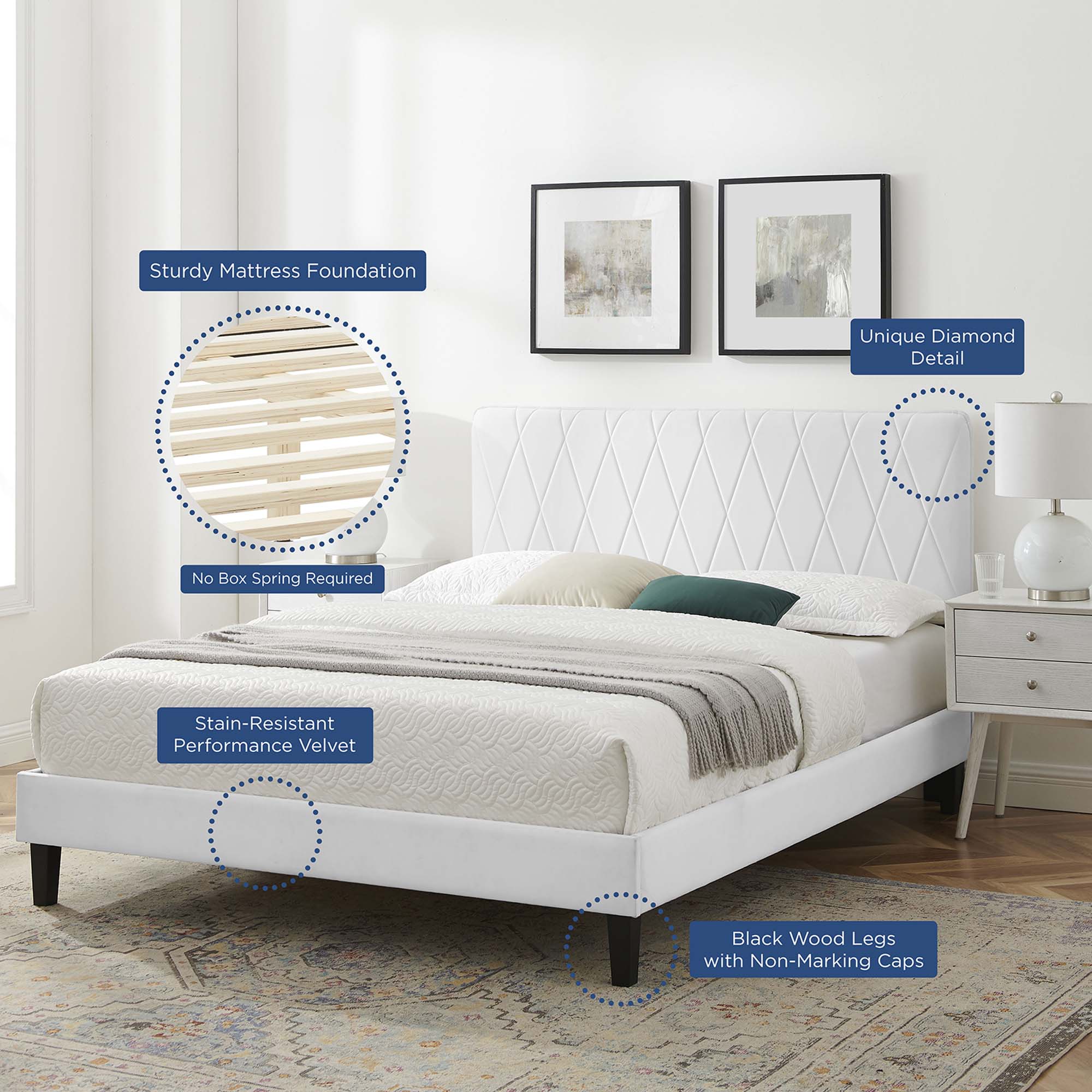 Phillipa Performance Velvet Platform Bed With Black Wood Legs by Modway