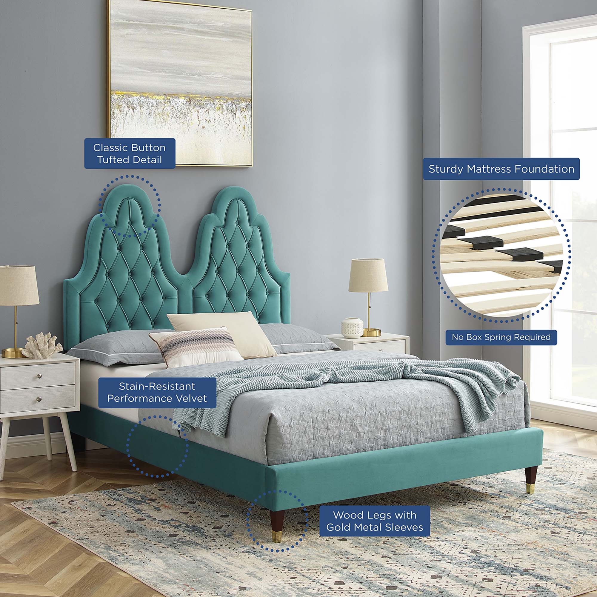 Alexandria Tufted Performance Velvet Platform Bed With Wood and Gold Legs by Modway