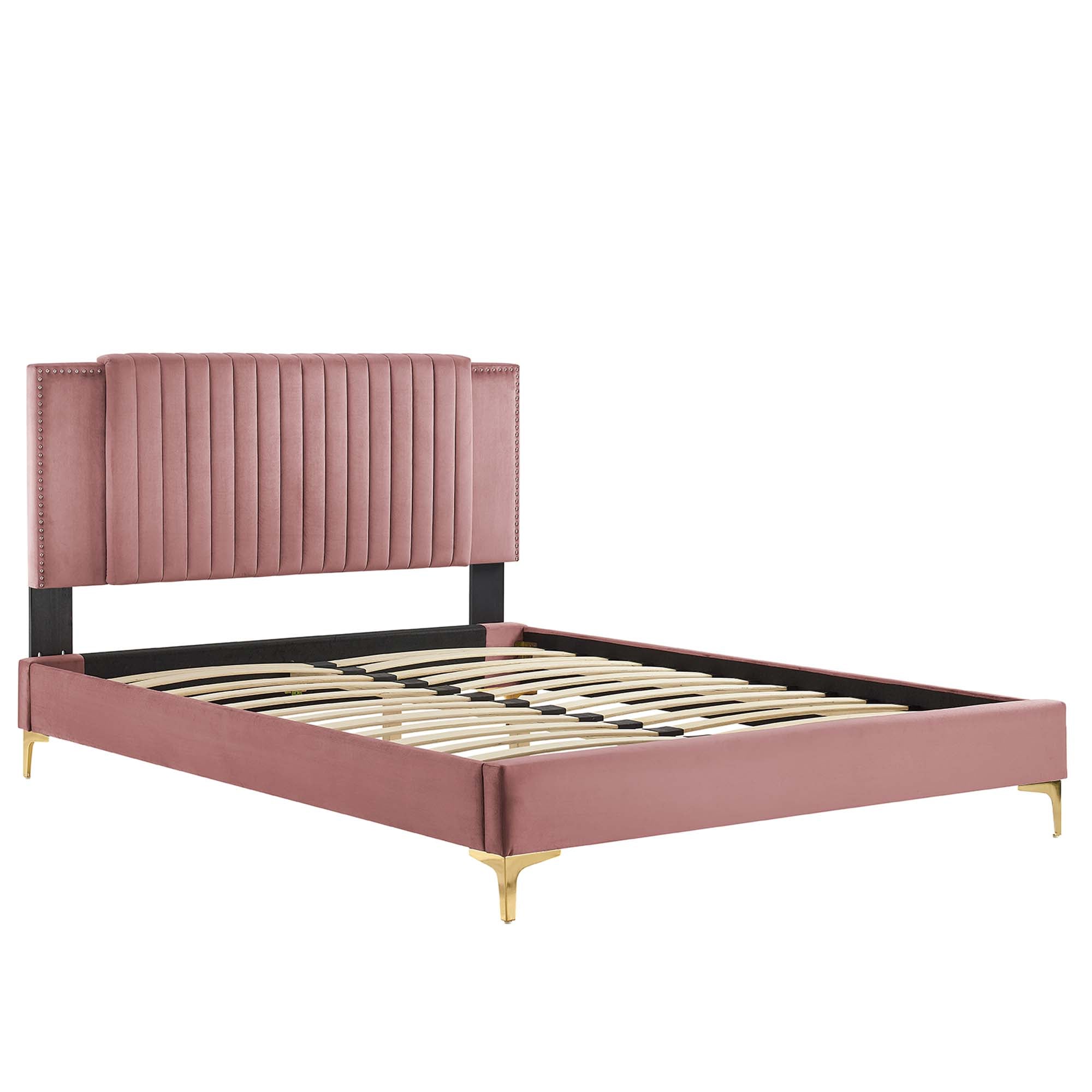 Zahra Channel Tufted Performance Velvet Platform Bed With Gold Metal Legs by Modway