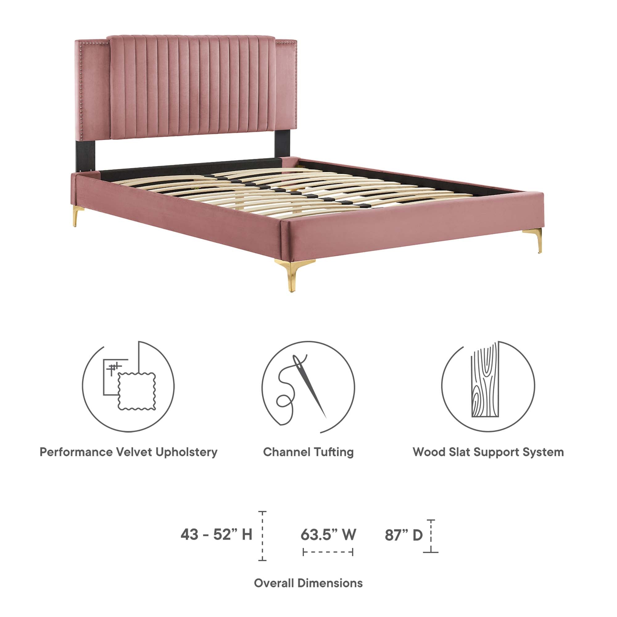 Zahra Channel Tufted Performance Velvet Platform Bed With Gold Metal Legs by Modway