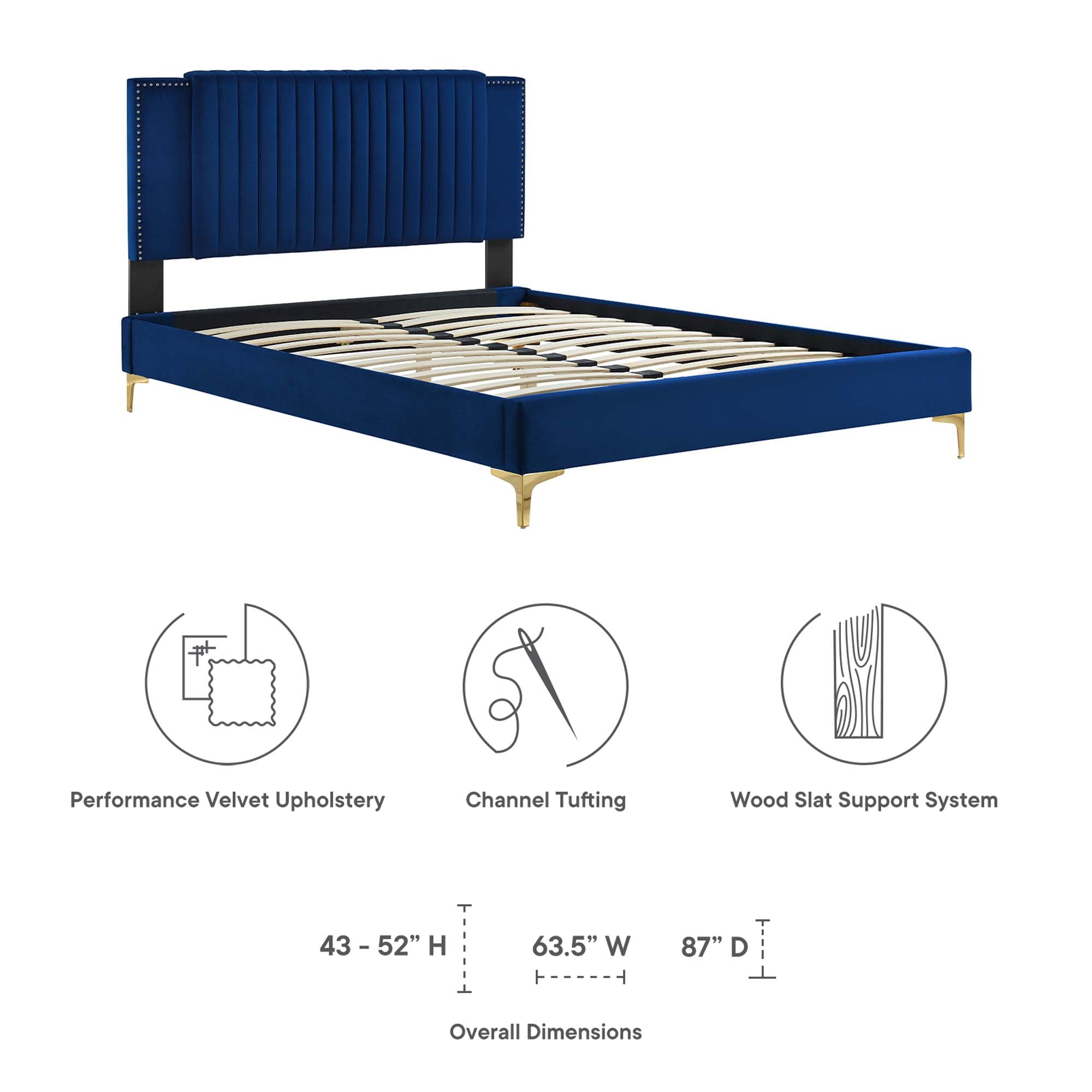 Zahra Channel Tufted Performance Velvet Platform Bed With Gold Metal Legs by Modway