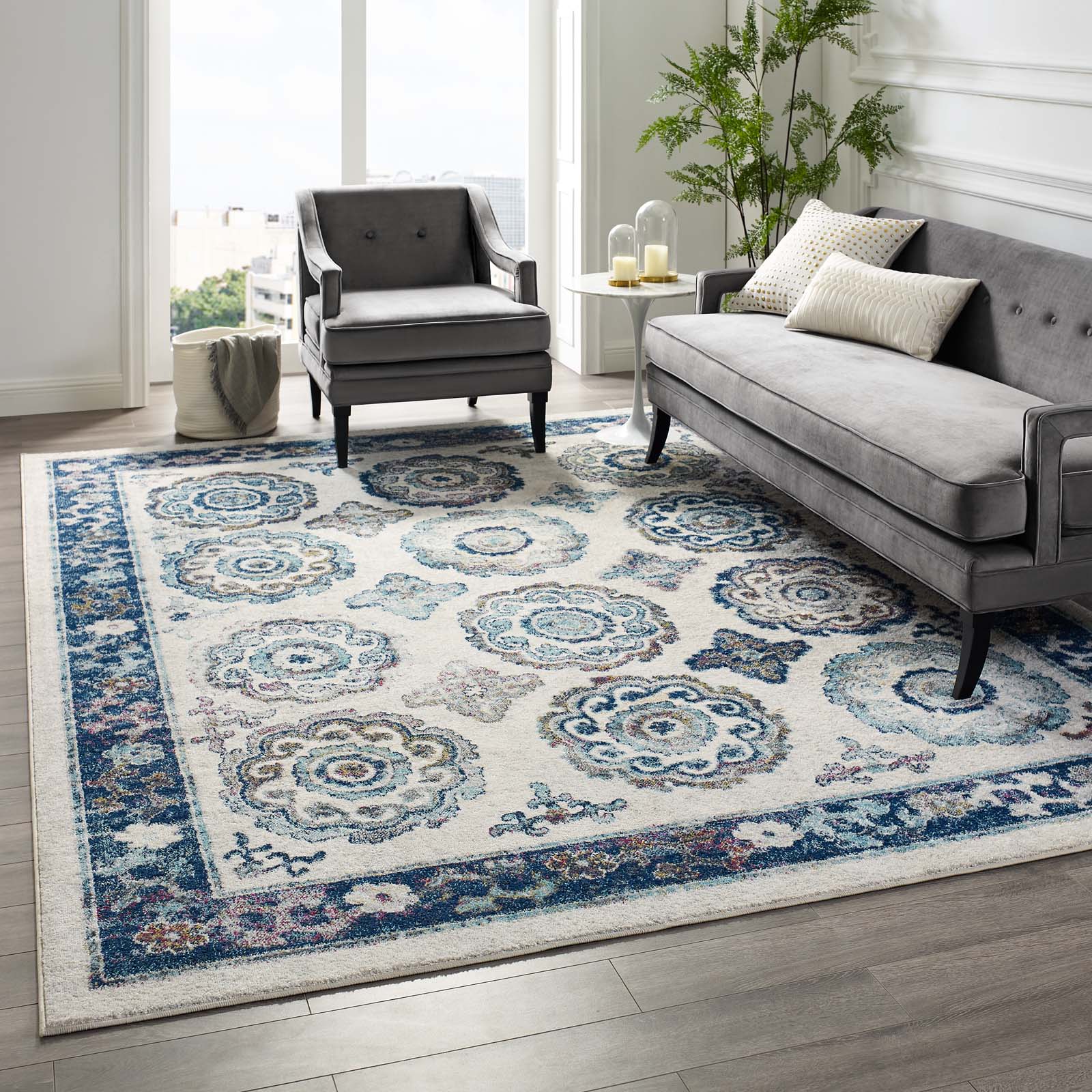 Entourage Odile Distressed Floral Moroccan Trellis Area Rug by Modway