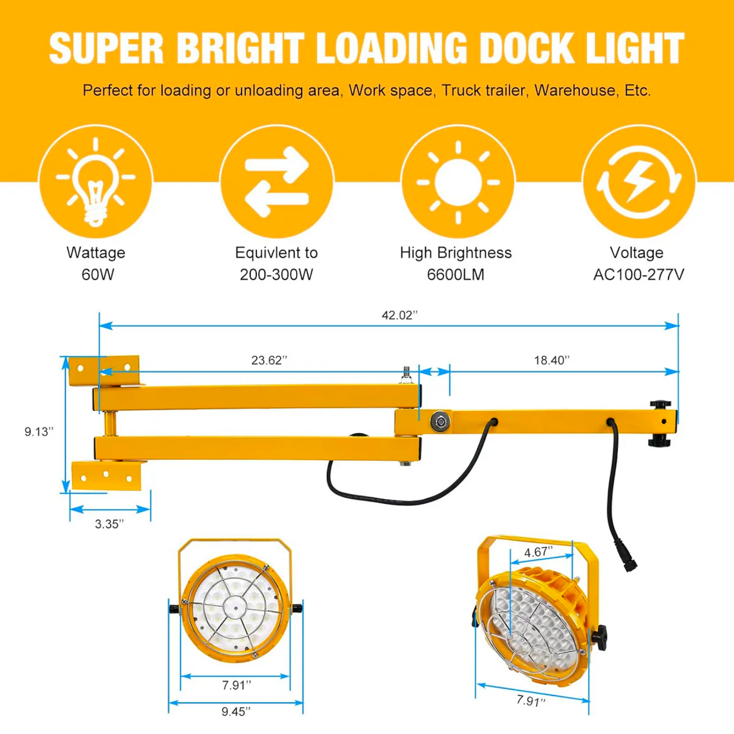 60W LED Loading Dock Light, Round Series, 6600LM , 5000K With Double Bracket 100-277V