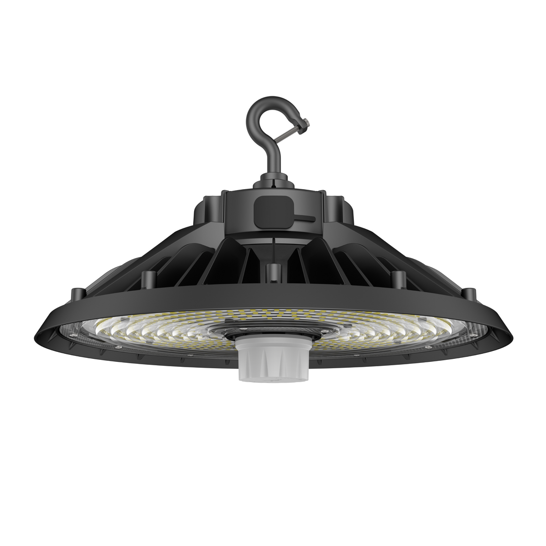 UFO LED High Bay Light 240W, 5000K, 36240LM, 0-10V Dim, With sensor base, IP65, 277-480VAC, UL DLC 5.1 Premium, Black, For Warehouse Workshop Factory Barn Garage Gymnasium Airport