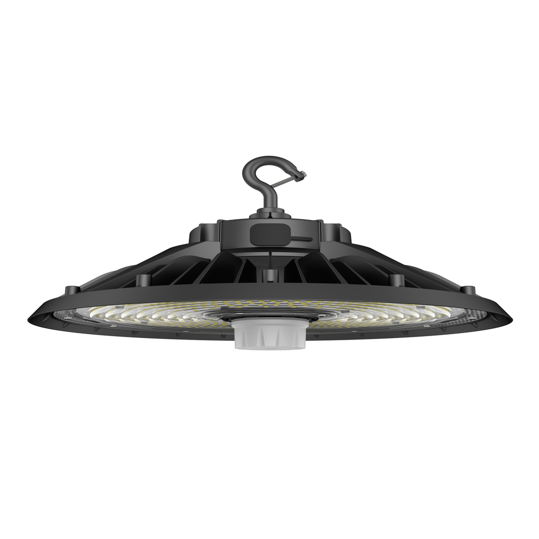 UFO LED High Bay Light 240W, 5000K, 36240LM, 0-10V Dim, With sensor base, IP65, 277-480VAC, UL DLC 5.1 Premium, Black, For Warehouse Workshop Factory Barn Garage Gymnasium Airport